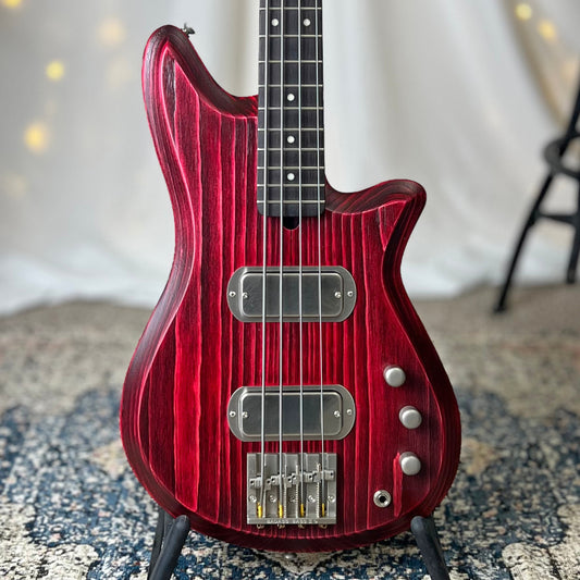 Offbeat Guitars Carved Top Shelby TB2 30-Inch Short-Scale Bass in Cherry Bomb with Fralin Custom Big Single T-Bird Pickup Set (Passive) and V-V-T Electronics (Passive) - 2E072002 - Front Square