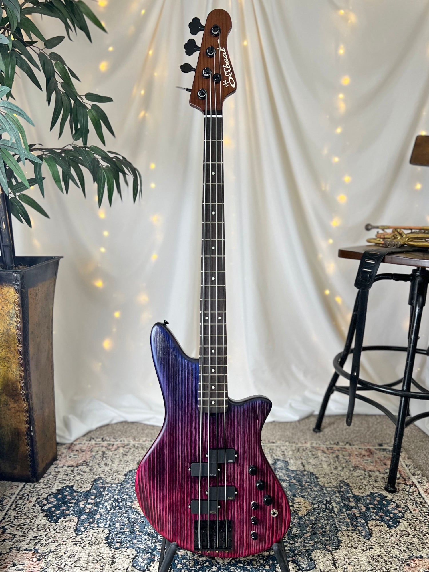 Offbeat Guitars Modern Series Jacqueline RP2-34 34-Inch Long-Scale Bass in Blue Rose Fade with EMG PCS-PA Pickup Set (Active) and EMG V-B-T with B64EQ 3-Band Preamp (Active-18v)-2E022001-Front Full