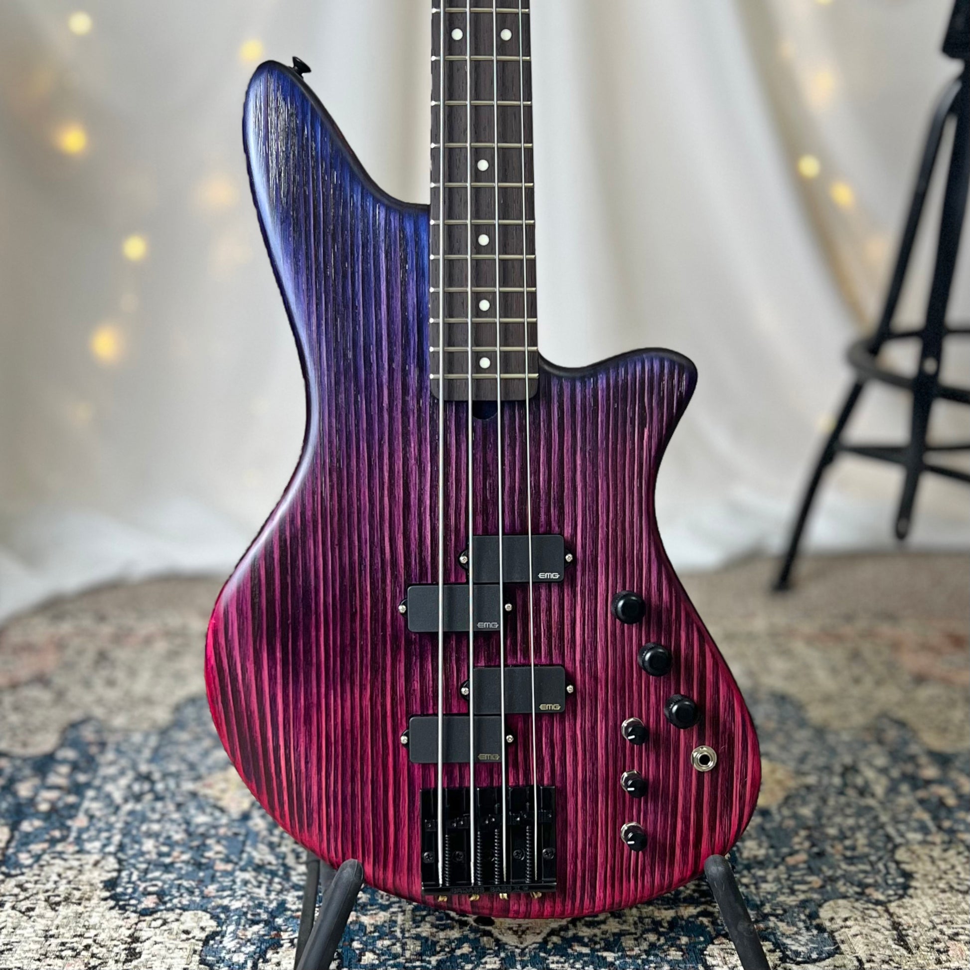 Offbeat Guitars Modern Series Jacqueline RP2-34 34-Inch Long-Scale Bass in Blue Rose Fade with EMG PCS-PA Pickup Set (Active) and EMG V-B-T with B64EQ 3-Band Preamp (Active-18v)-2E022001-Front Square