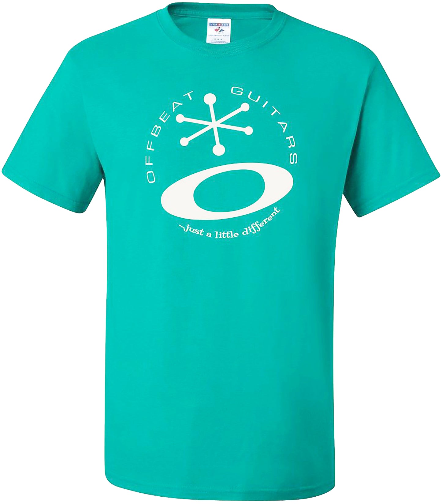 Offbeat Guitars T-Shirt in Jade featuring the O and star logo and the phrase "Offbeat Guitars...just a little different" circling it.