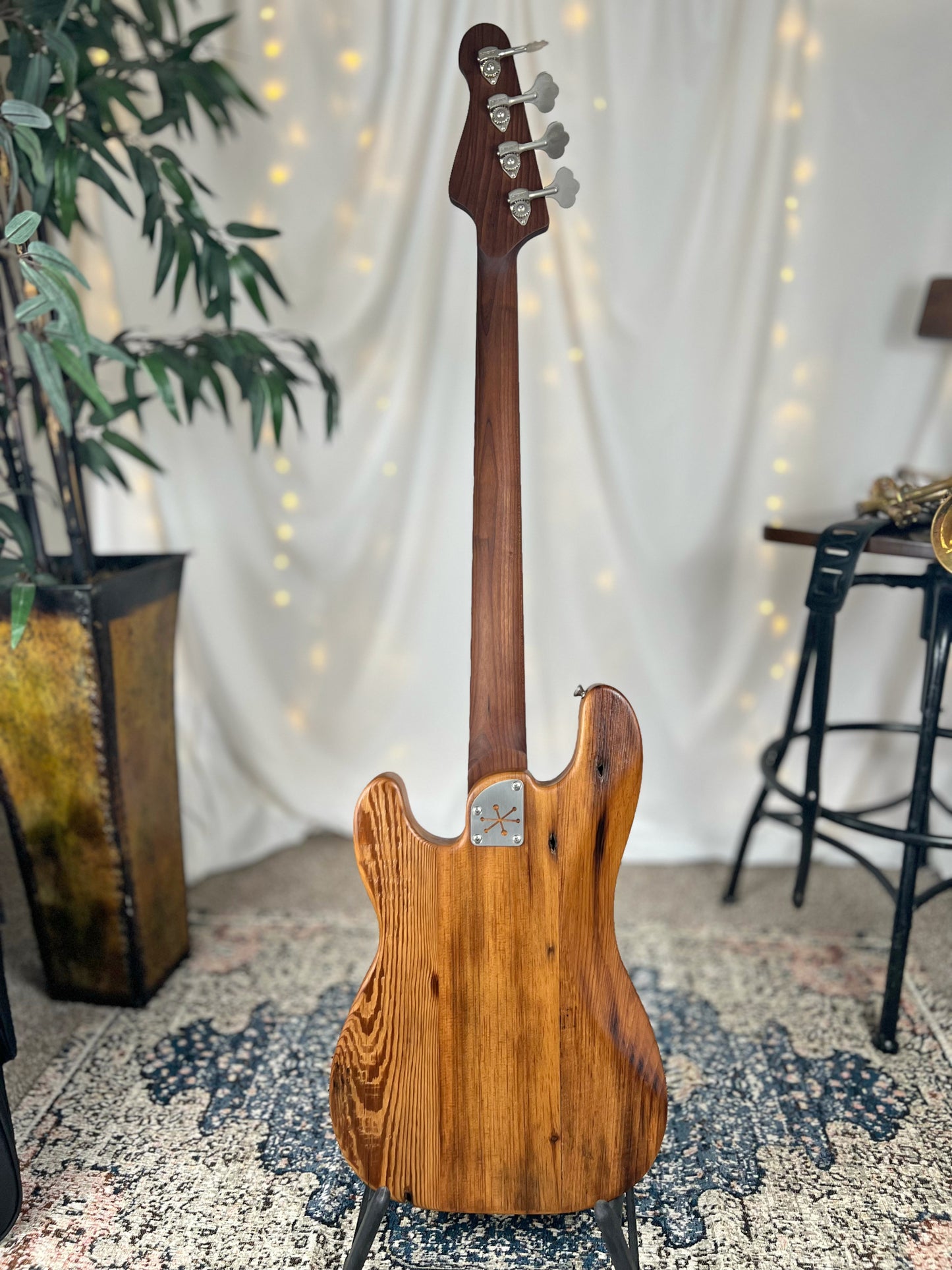 Pamela P 34-Inch Long-Scale Bass in 150-Year-Old Reclaimed Pine with Antiqued Brass Pickguard and Fralin P-Bass Pickup - Back Full