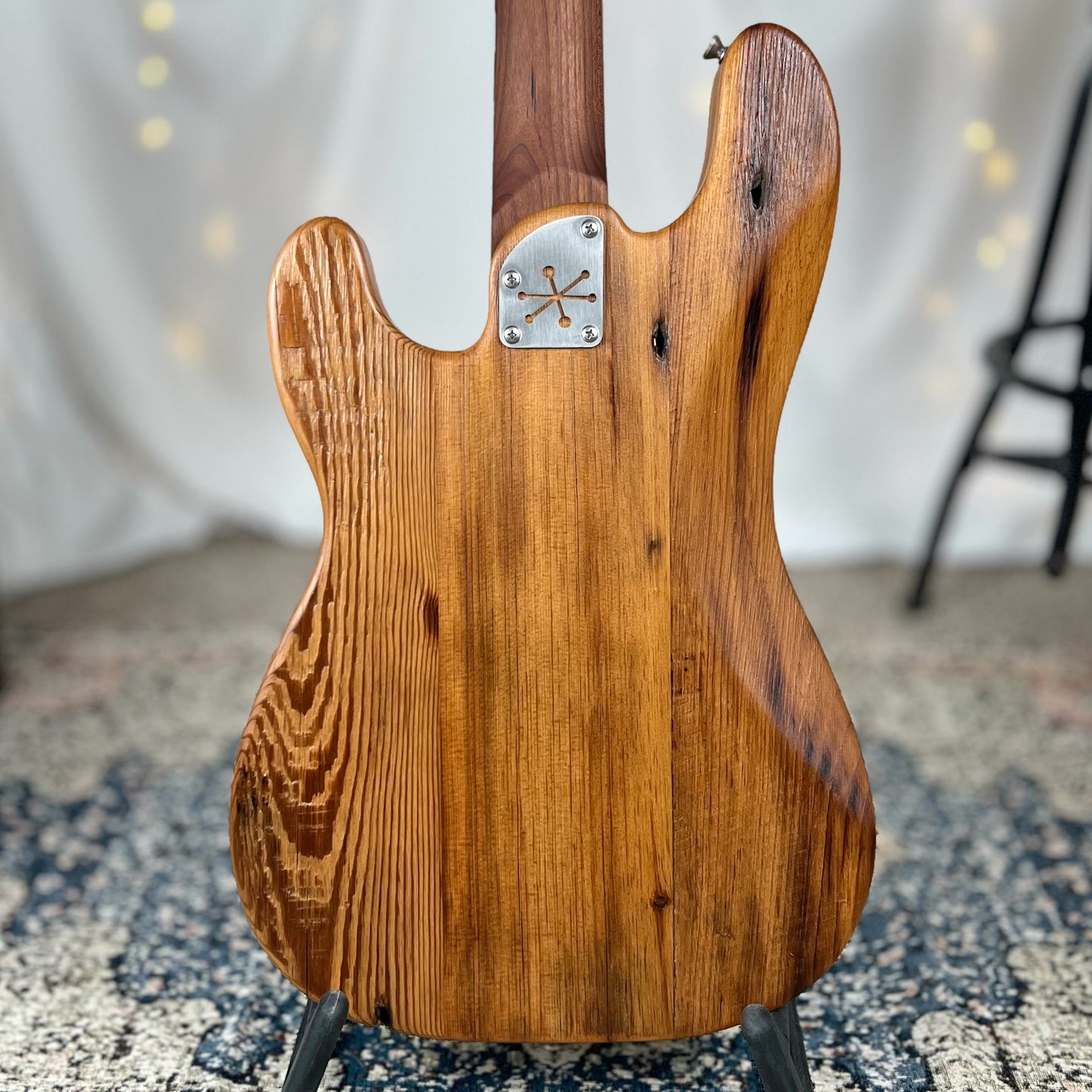 Pamela P 34-Inch Long-Scale Bass in 150-Year-Old Reclaimed Pine with Antiqued Brass Pickguard and Fralin P-Bass Pickup - Back Square