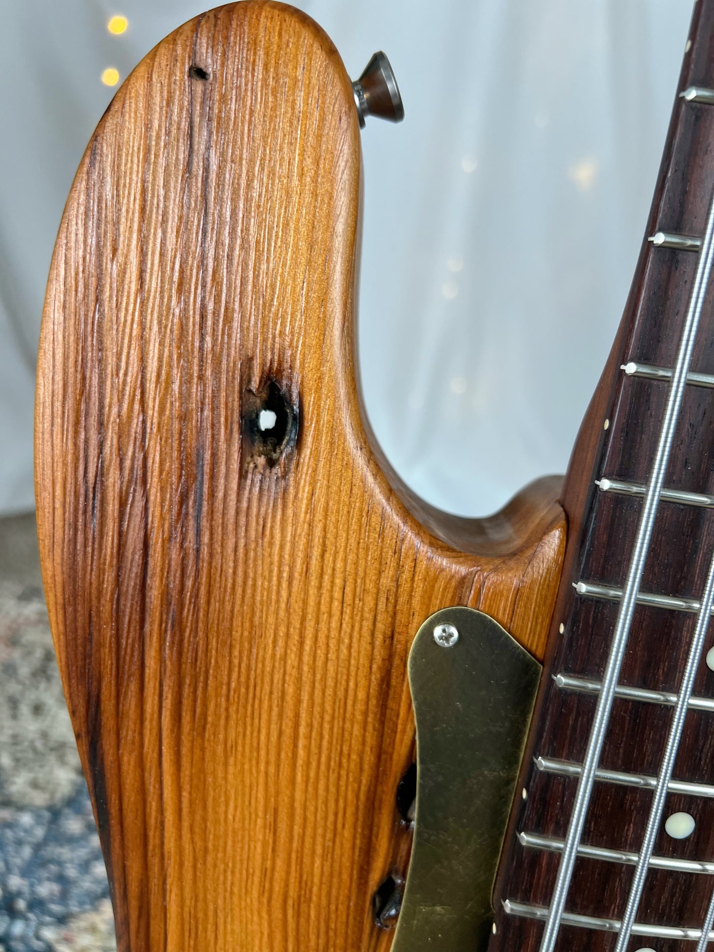 Pamela P 34-Inch Long-Scale Bass in 150-Year-Old Reclaimed Pine with Antiqued Brass Pickguard and Fralin P-Bass Pickup - Detail 1