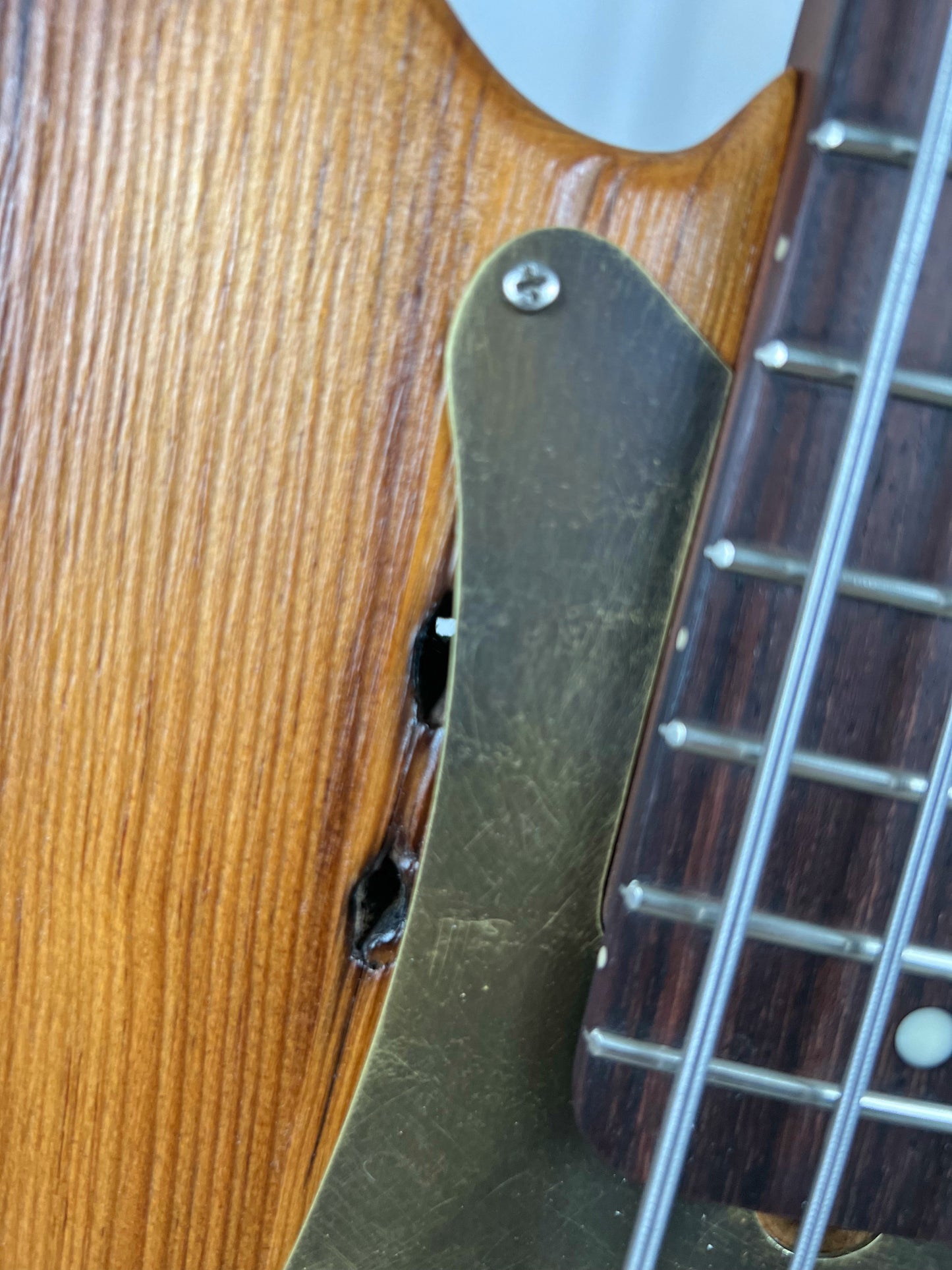 Pamela P 34-Inch Long-Scale Bass in 150-Year-Old Reclaimed Pine with Antiqued Brass Pickguard and Fralin P-Bass Pickup - Detail 2