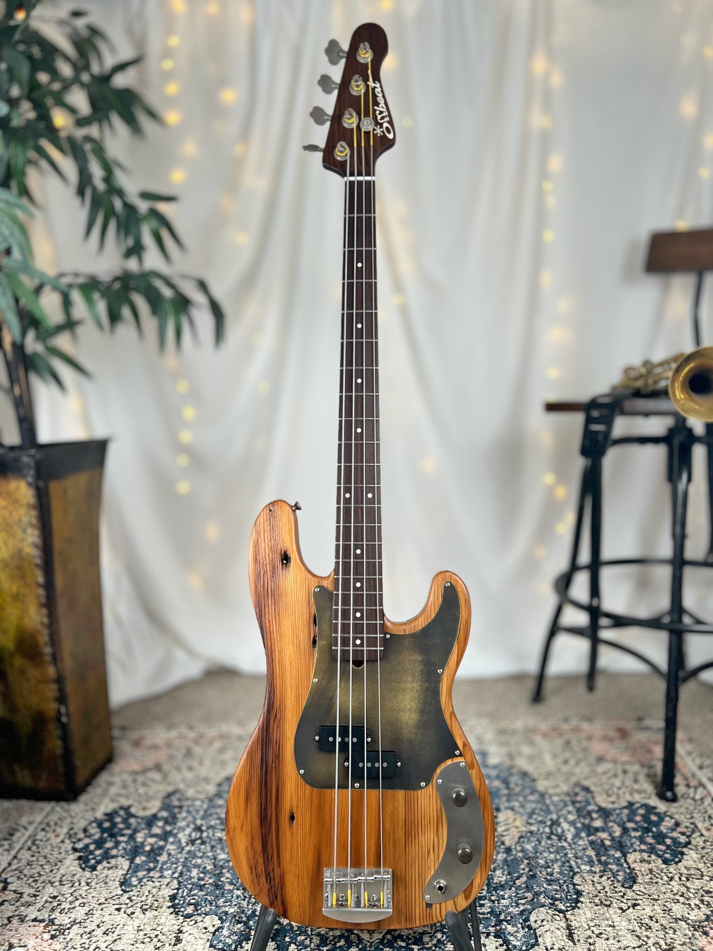 Pamela P 34-Inch Long-Scale Bass in 150-Year-Old Reclaimed Pine with Antiqued Brass Pickguard and Fralin P-Bass Pickup - Front Full
