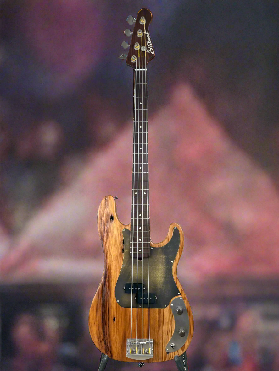 Pamela P 34-Inch Long-Scale Bass in 150-Year-Old Reclaimed Pine with Antiqued Brass Pickguard and Fralin P-Bass Pickup