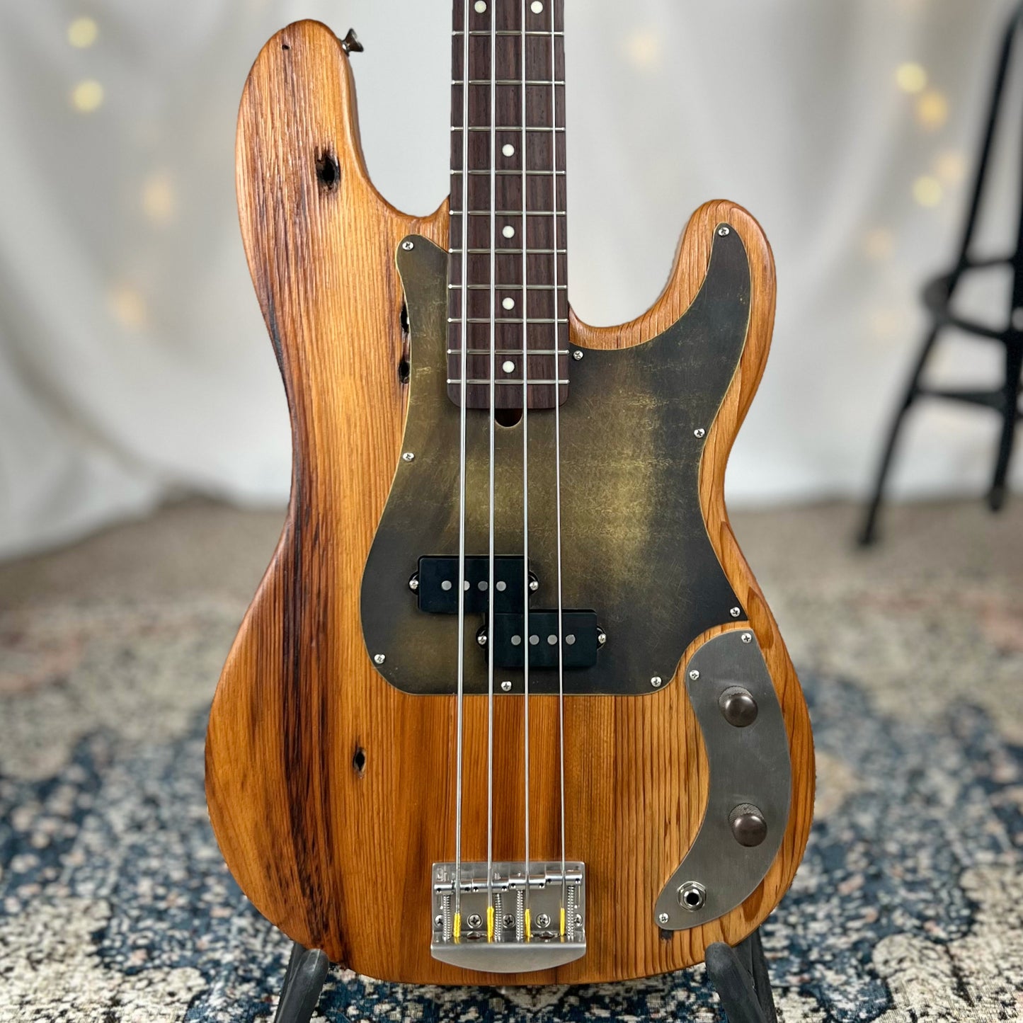 Pamela P 34-Inch Long-Scale Bass in 150-Year-Old Reclaimed Pine with Antiqued Brass Pickguard and Fralin P-Bass Pickup - Front Square