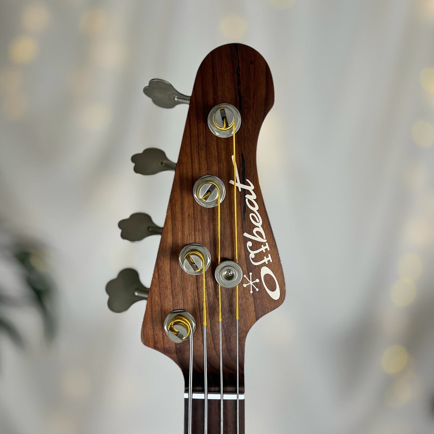 Pamela P 34-Inch Long-Scale Bass in 150-Year-Old Reclaimed Pine with Antiqued Brass Pickguard and Fralin P-Bass Pickup - Headstock Front