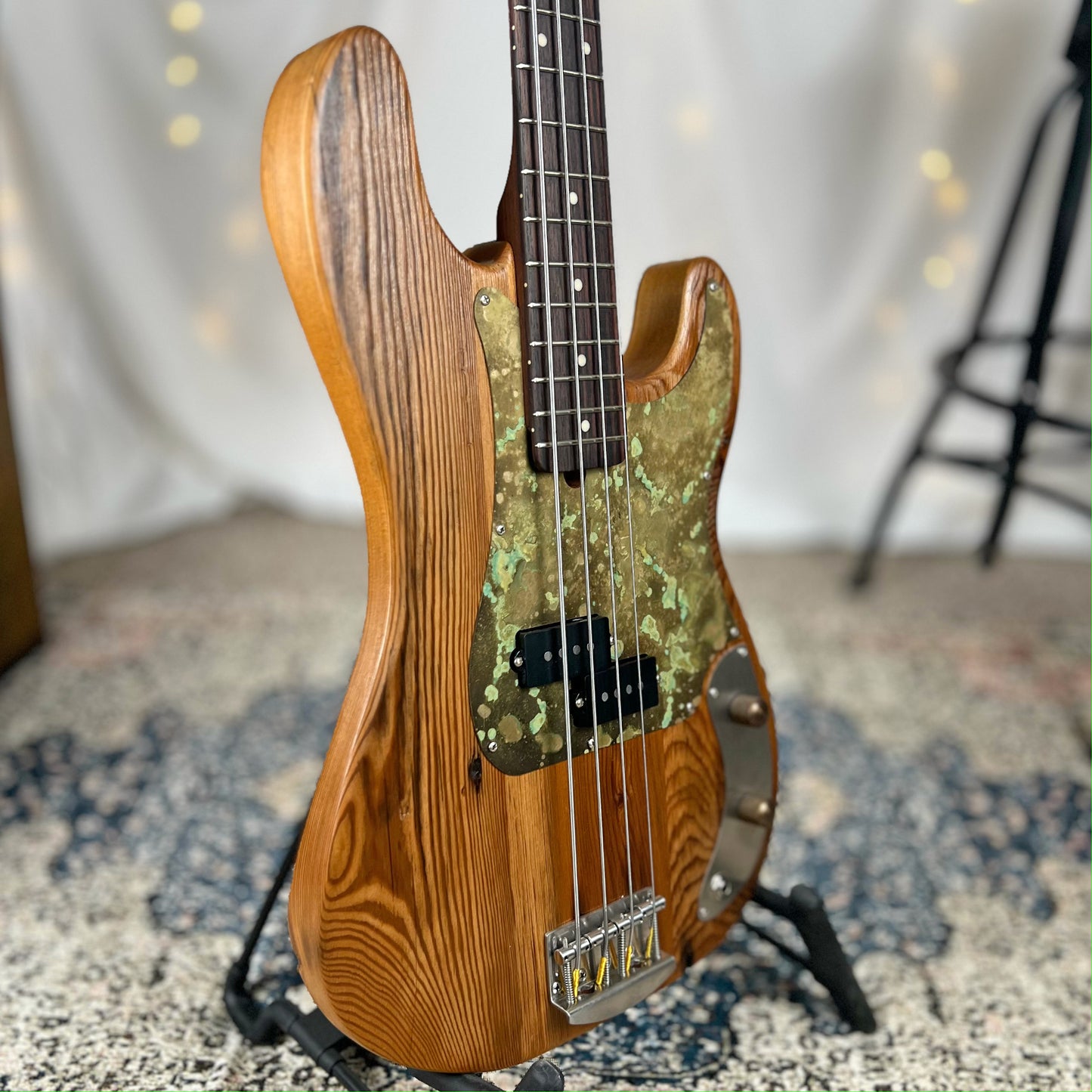 Pamela P 34-Inch Long-Scale Bass in 150-Year-Old Reclaimed Pine with Patinaed Brass Pickguard and Fralin P-Bass Pickup - .75