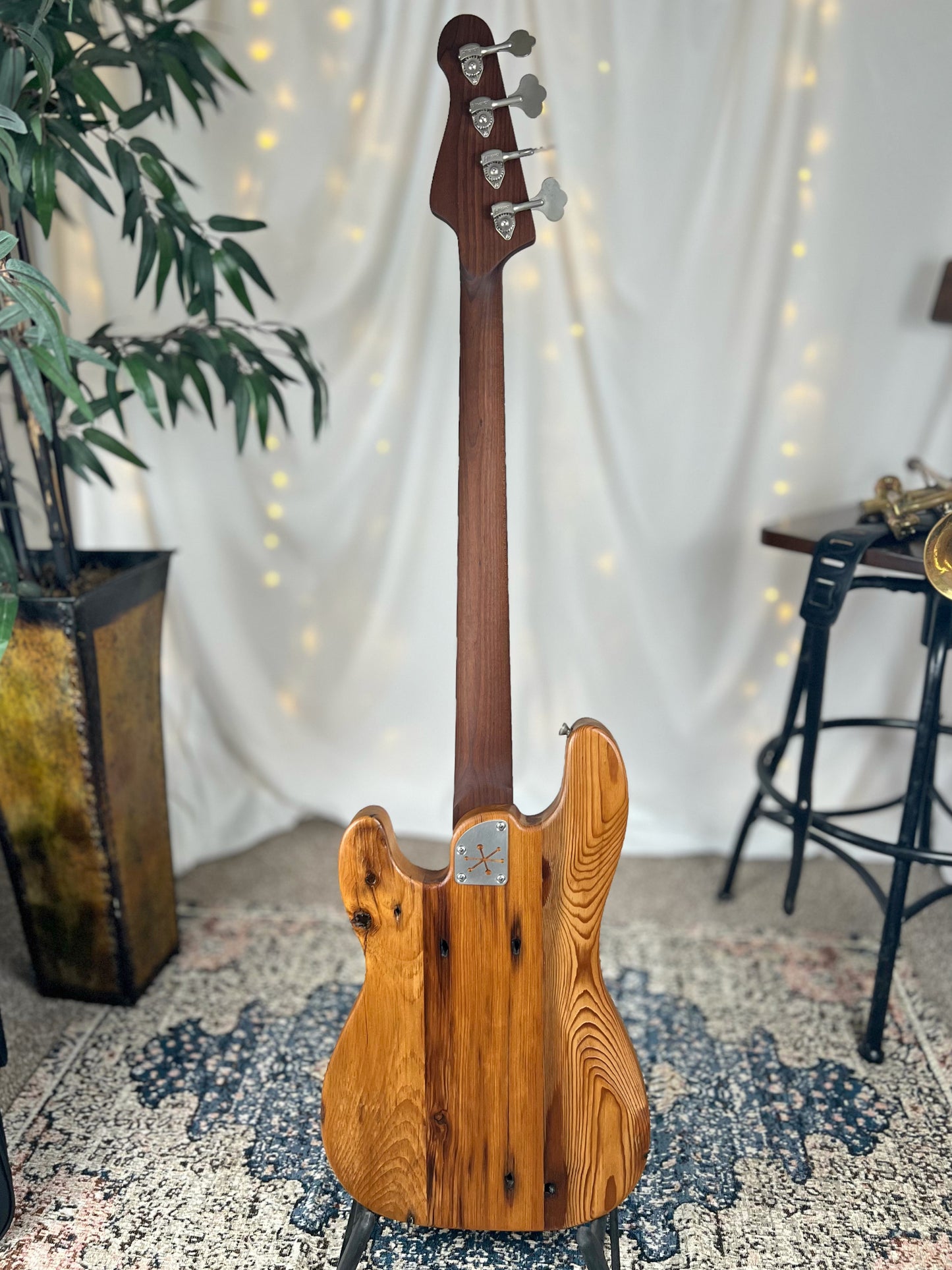 Pamela P 34-Inch Long-Scale Bass in 150-Year-Old Reclaimed Pine with Patinaed Brass Pickguard and Fralin P-Bass Pickup - Back Full