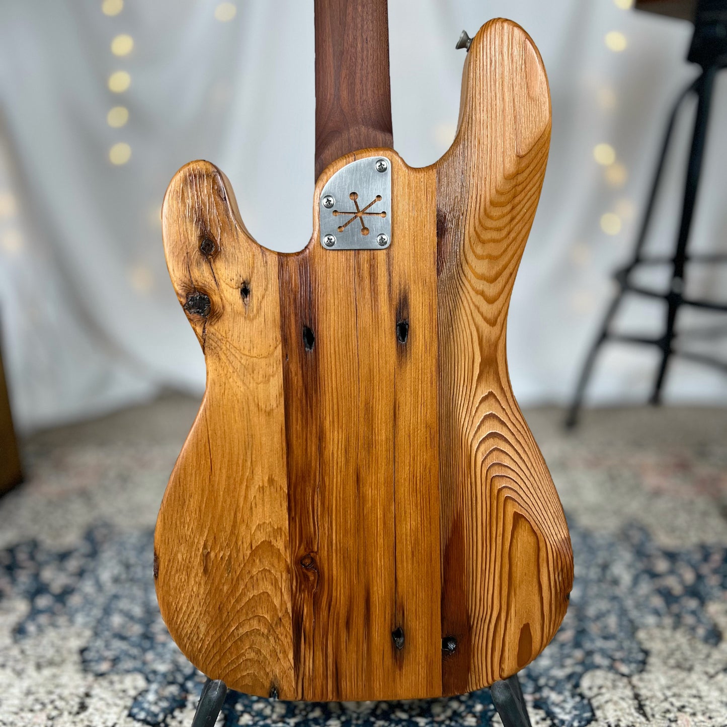 Pamela P 34-Inch Long-Scale Bass in 150-Year-Old Reclaimed Pine with Patinaed Brass Pickguard and Fralin P-Bass Pickup - Back Square