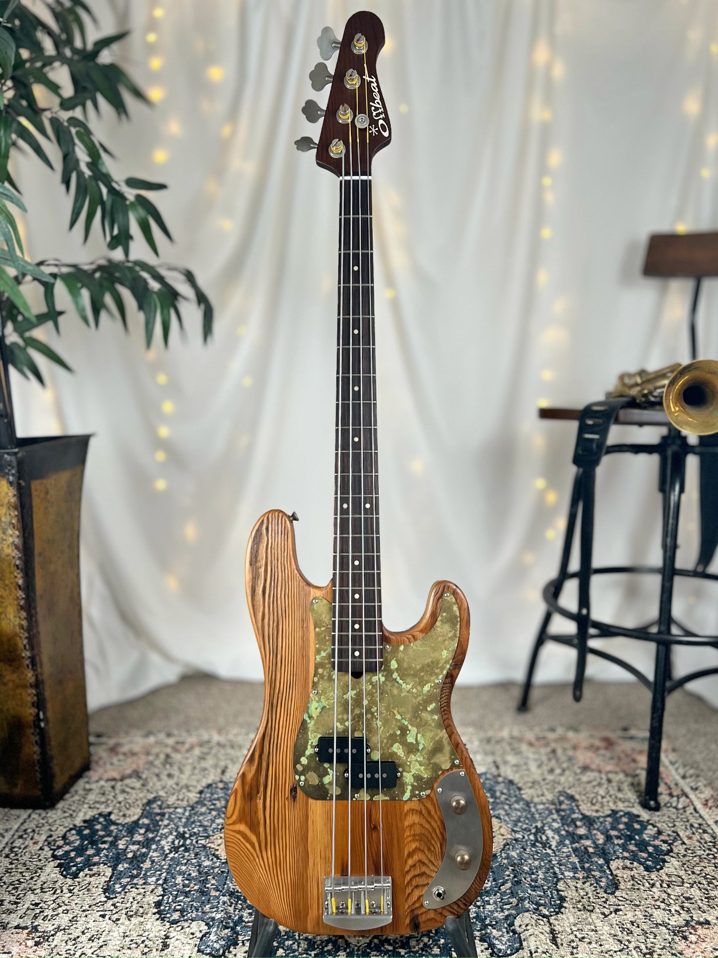Pamela P 34-Inch Long-Scale Bass in 150-Year-Old Reclaimed Pine with Patinaed Brass Pickguard and Fralin P-Bass Pickup - Front Full