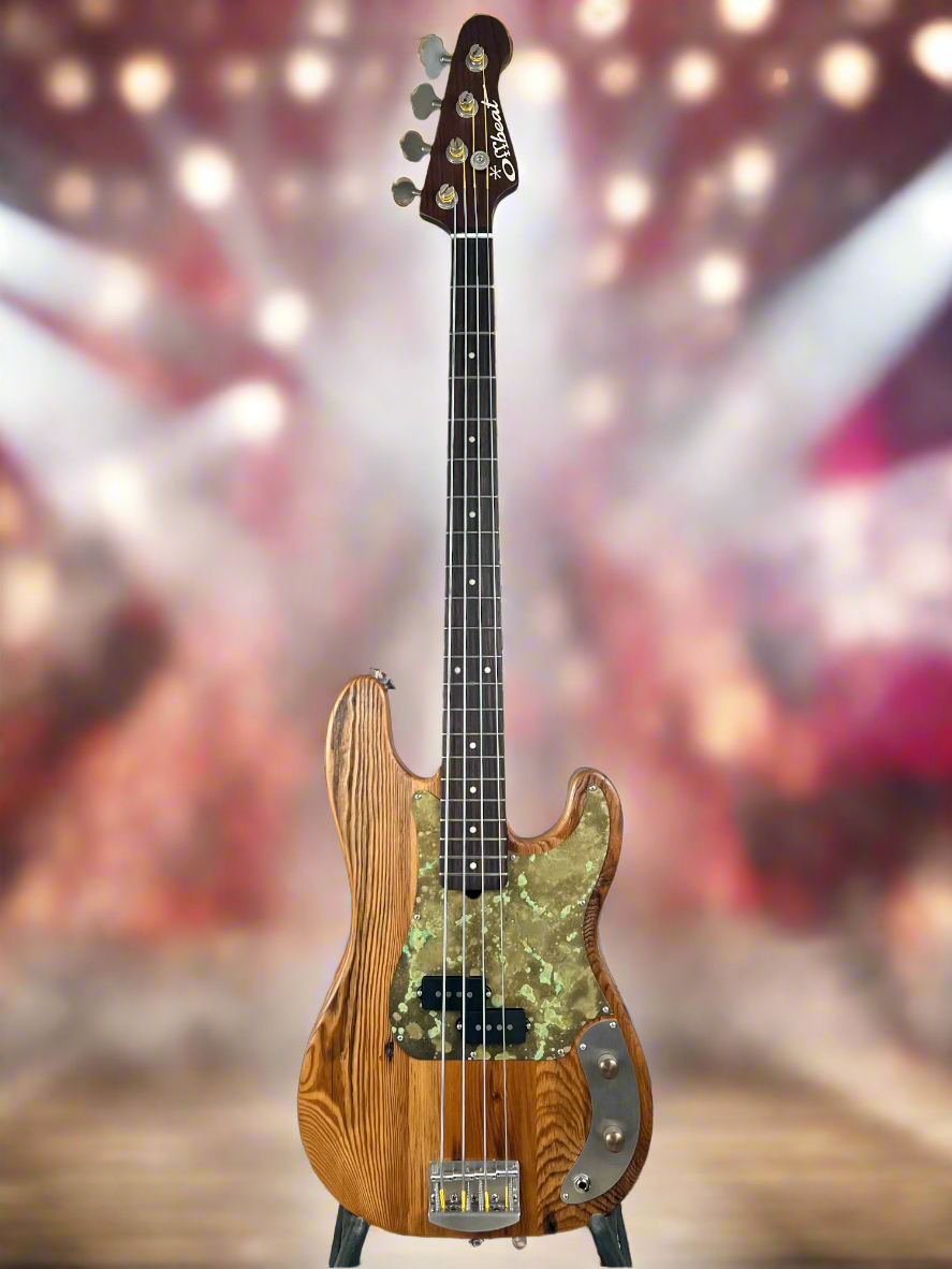 Pamela P 34-Inch Long-Scale Bass in 150-Year-Old Reclaimed Pine with Patinaed Brass Pickguard and Fralin P-Bass Pickup