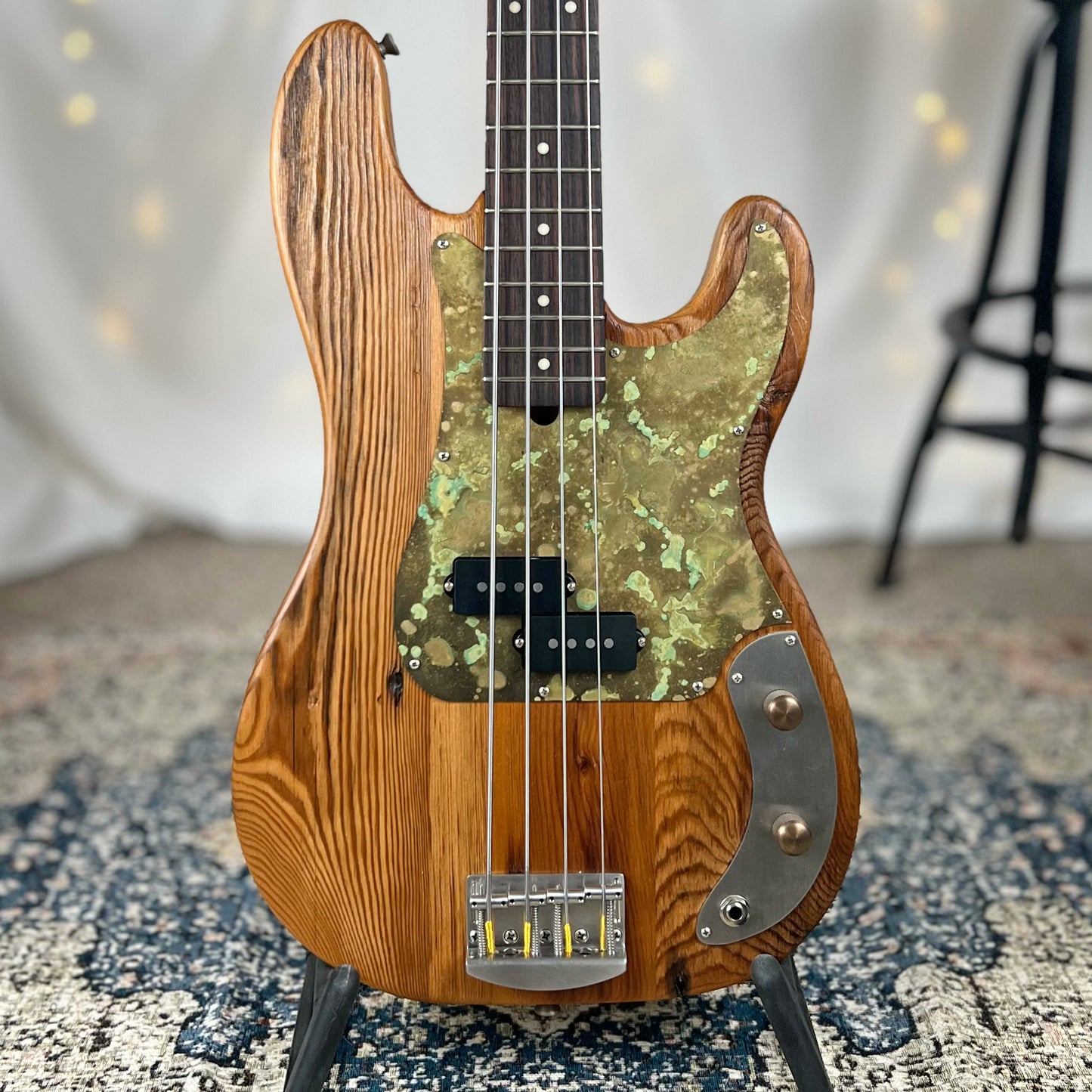 Pamela P 34-Inch Long-Scale Bass in 150-Year-Old Reclaimed Pine with Patinaed Brass Pickguard and Fralin P-Bass Pickup - Front Square