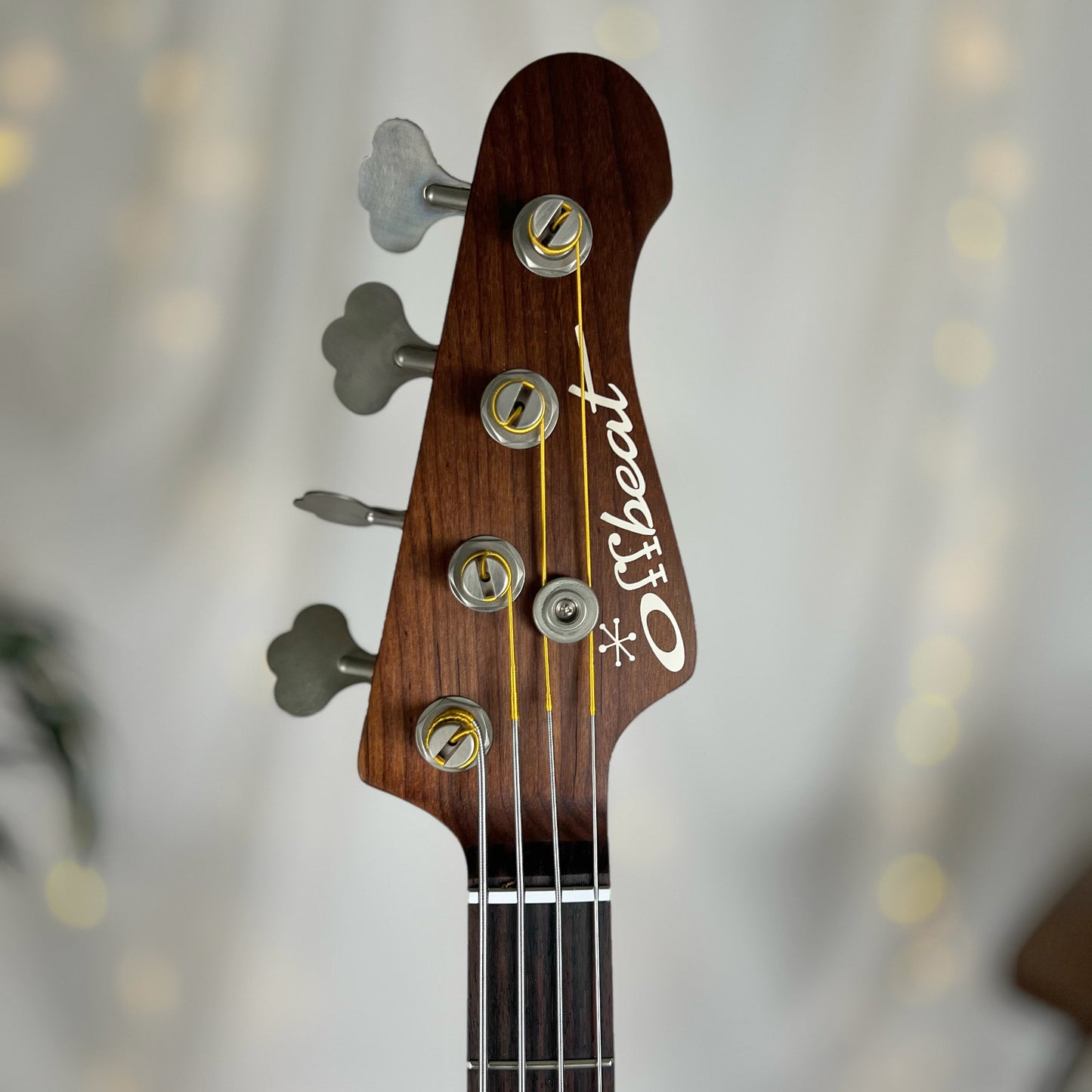 Pamela P 34-Inch Long-Scale Bass in 150-Year-Old Reclaimed Pine with Patinaed Brass Pickguard and Fralin P-Bass Pickup - Headstock Front