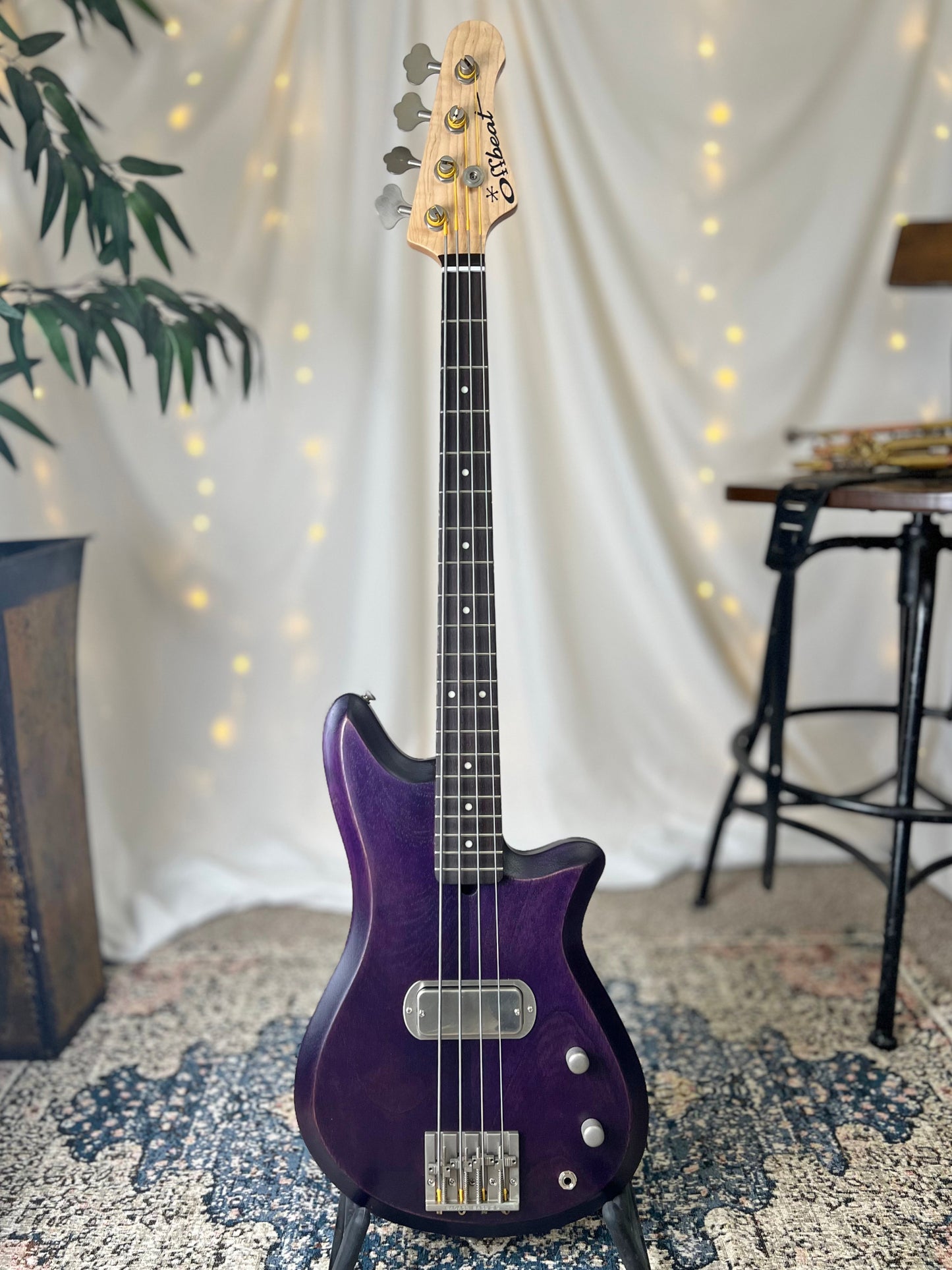 Offbeat Guitars Carved Top Traditional Series Shelby P 30-Inch Short-Scale Bass in Purple on Spanish Cedar with Fralin Custom Big Single T-Bird Pickup - 2E072003 - Front Full