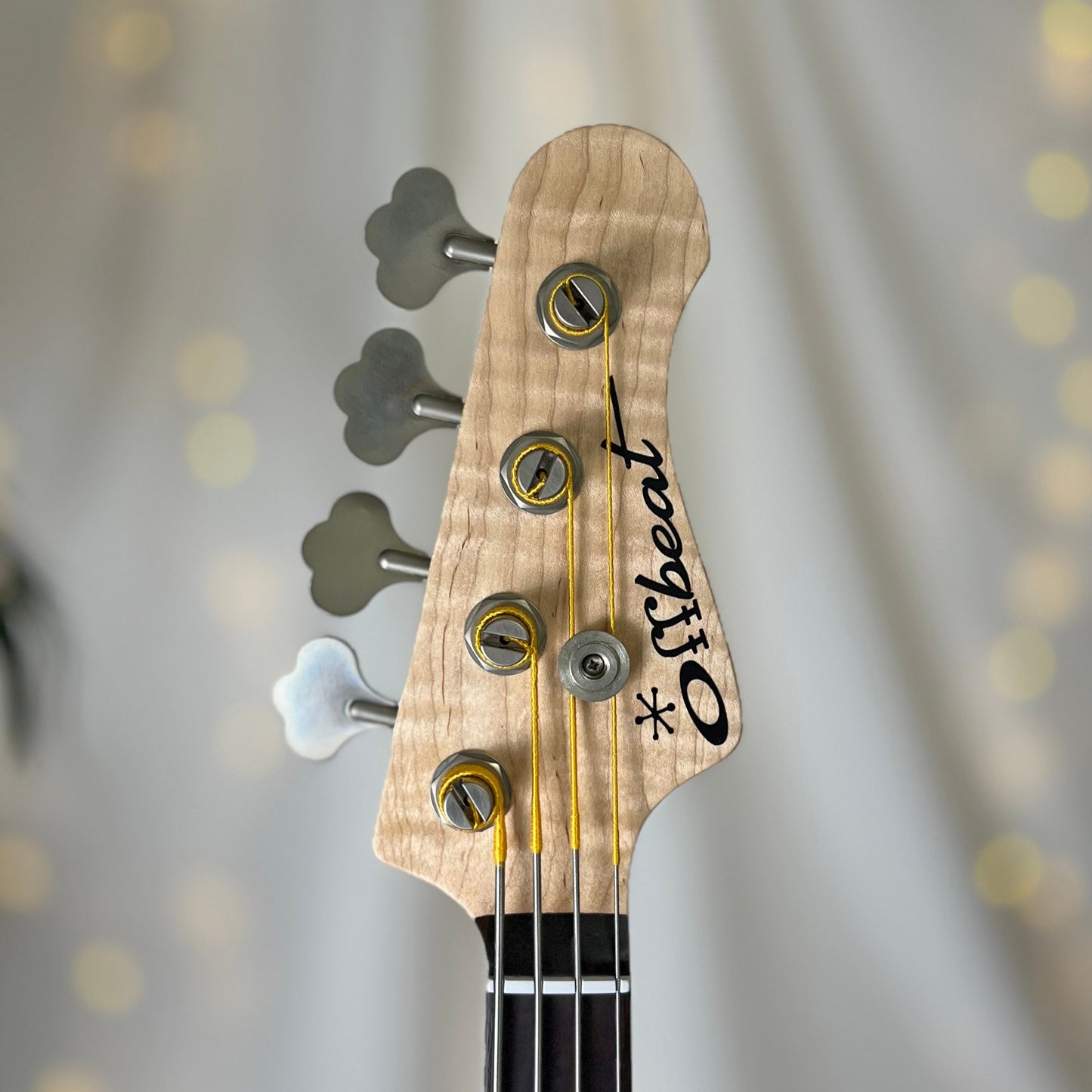 Offbeat Guitars Carved Top Traditional Series Shelby P 30-Inch Short-Scale Bass in Purple on Spanish Cedar with Fralin Custom Big Single T-Bird Pickup - 2E072003 - Headstock Front