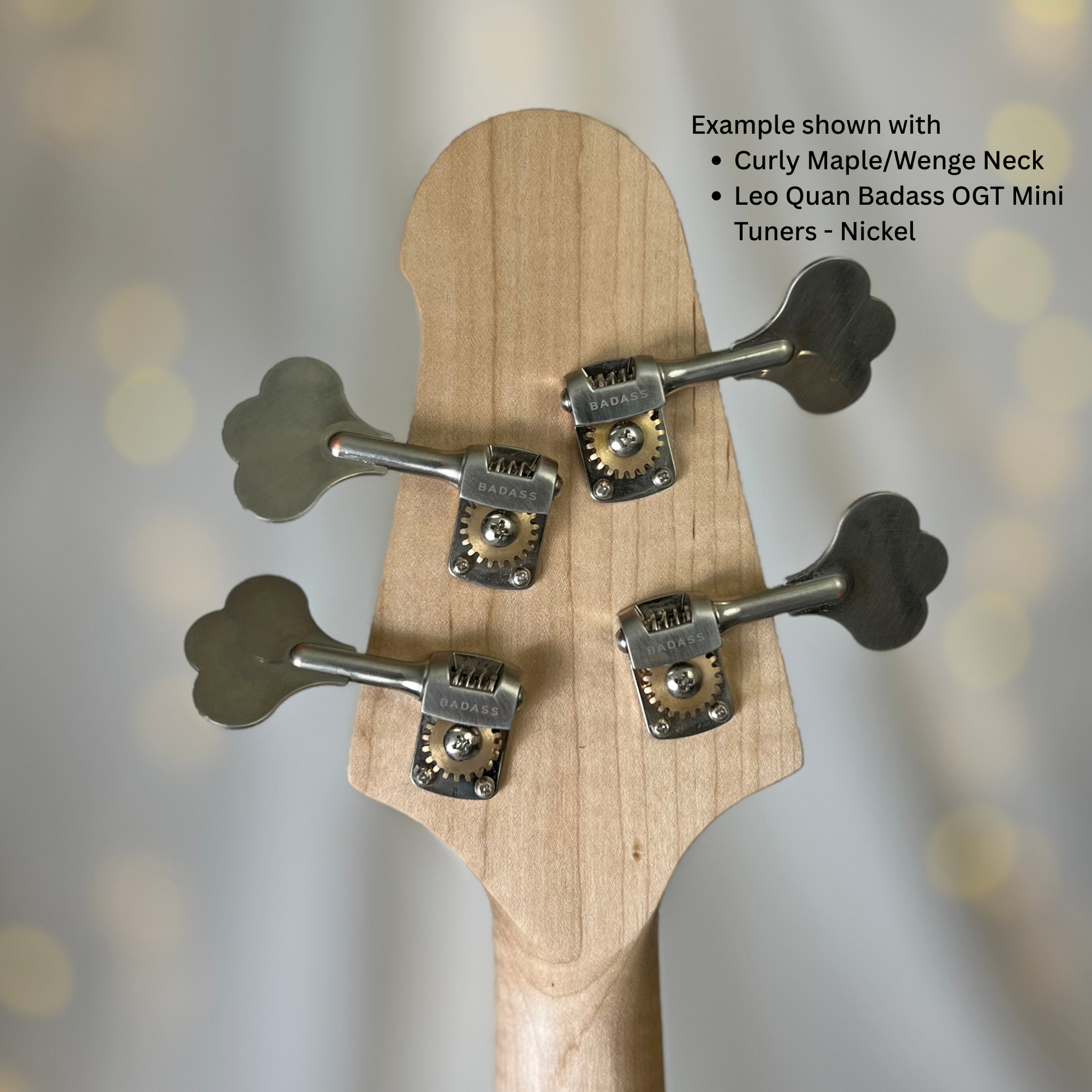 Example of 2+2 Headstock Back with Curly Maple Neck with Black Acrylic O* Logo and Leo Quan Badass OGT Mini Tuners Nickel