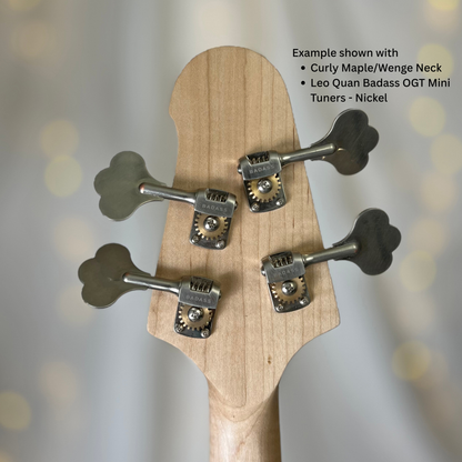 Example of 2+2 Headstock Back with Curly Maple Neck with Black Acrylic O* Logo and Leo Quan Badass OGT Mini Tuners Nickel