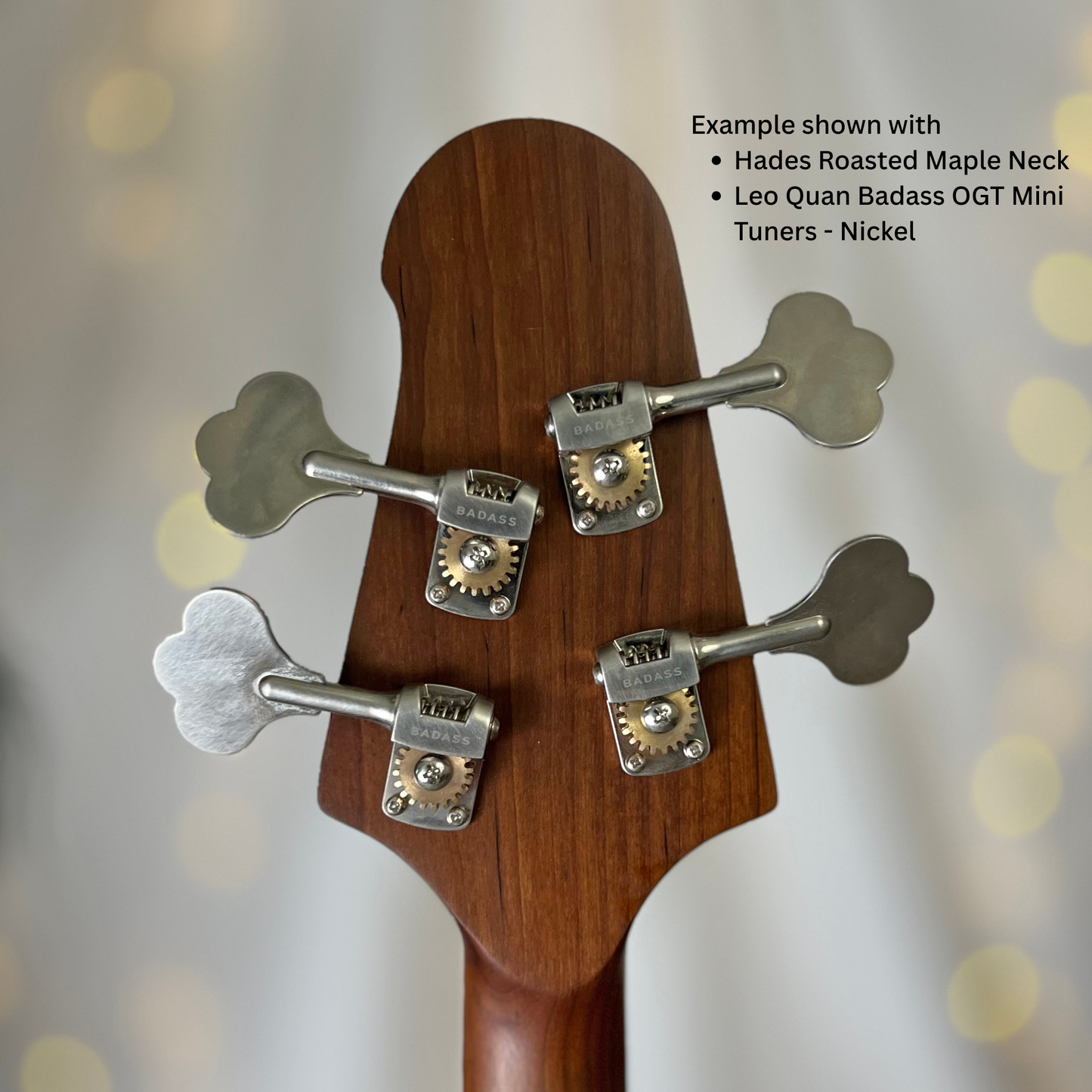 Example of 2+2 Headstock Back with Hades Roasted Maple Neck and Leo Quan Badass OGT Mini Keys Nickel