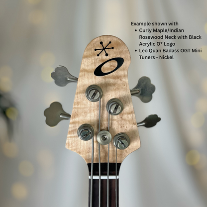 Example of 2+2  Headstock Front with Curly Maple Indian Rosewood Neck with Black Acrylic O Logo and Leo Quan Badass OGT Mini Keys Nickel