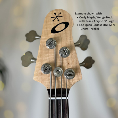 Example of 2+2 Headstock Front with Curly Maple/Wenge Neck with Black Acrylic O* Logo and Leo Quan Badass OGT Mini Tuners Nickel