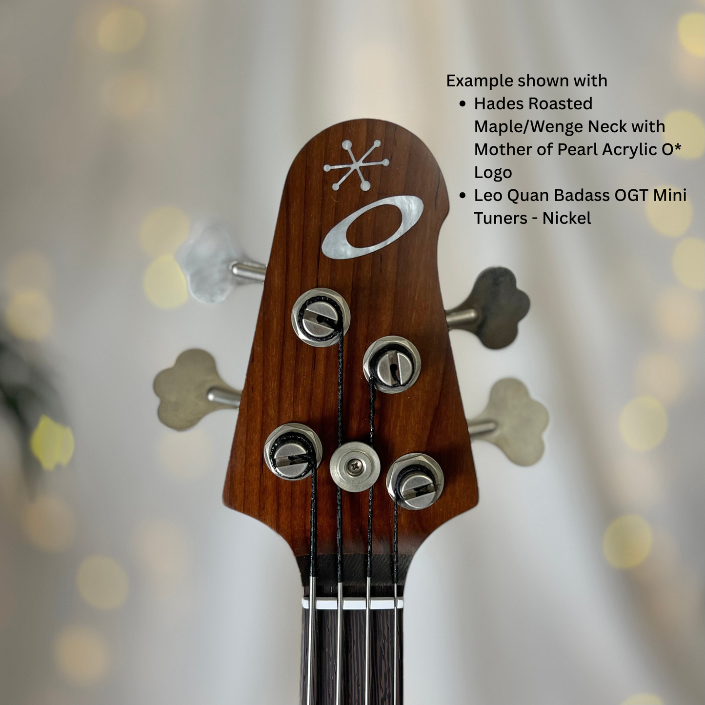 Example of 2+2 Headstock Front with Hades Roasted MapleWenge Neck with Mother of Pearl Acrylic O Logo and Leo Quan Badass OGT Mini Keys Nickel