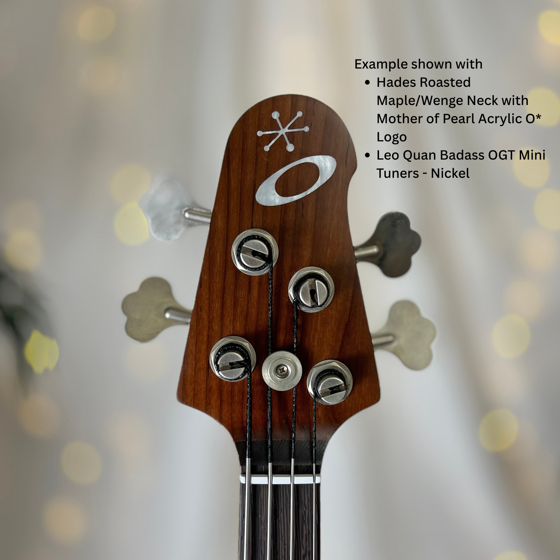 Example of 2+2 Headstock Front with Hades Roasted MapleWenge Neck with Mother of Pearl Acrylic O Logo and Leo Quan Badass OGT Mini Keys Nickel