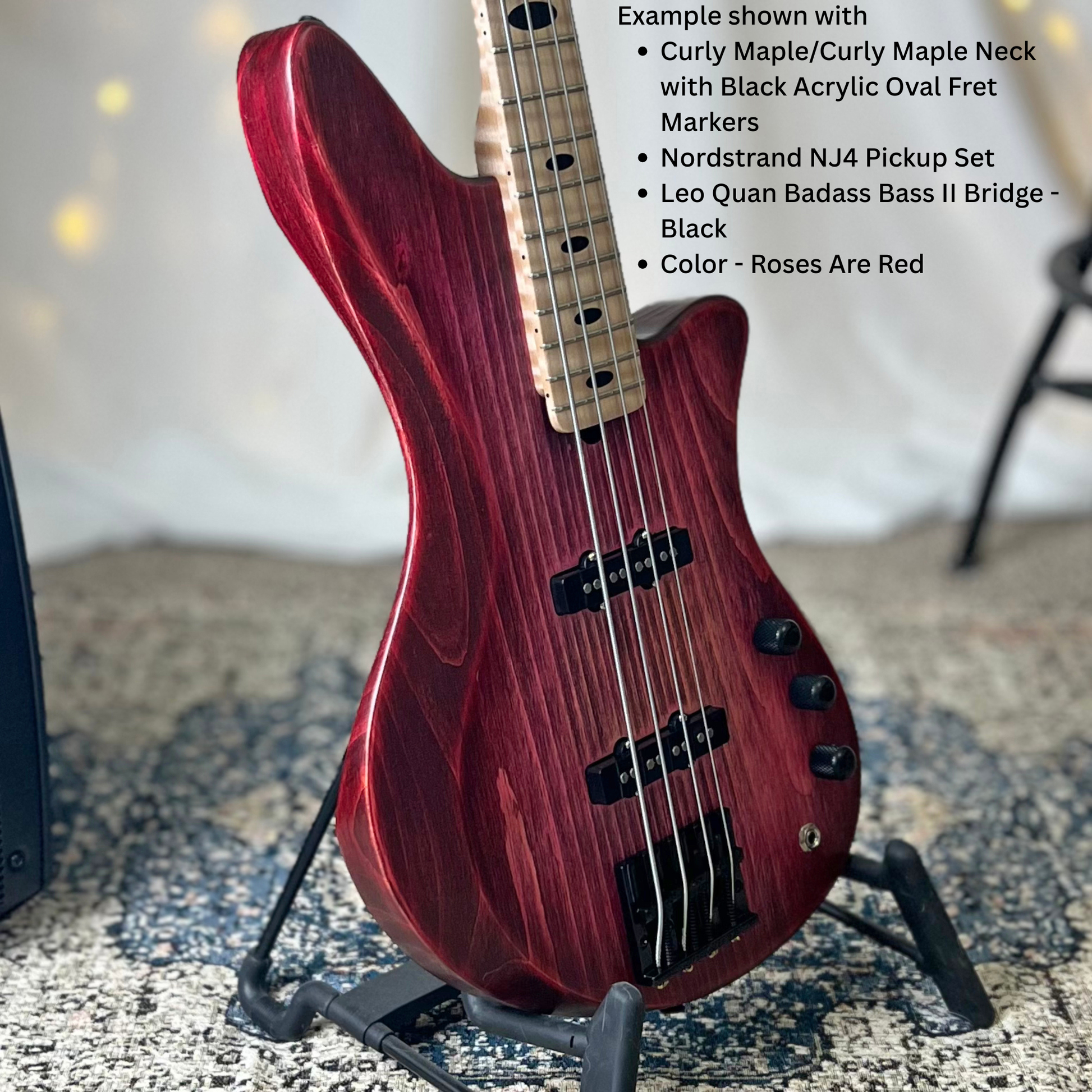 Example of Jacqueline J2-32 75 Example shown with Curly MapleCurly Maple Neck with Black Acrylic Oval Fret Markers Nordstrand NJ4 Pickup Set Leo Quan Badass Bass II Bridge - Black Color Roses Are Red