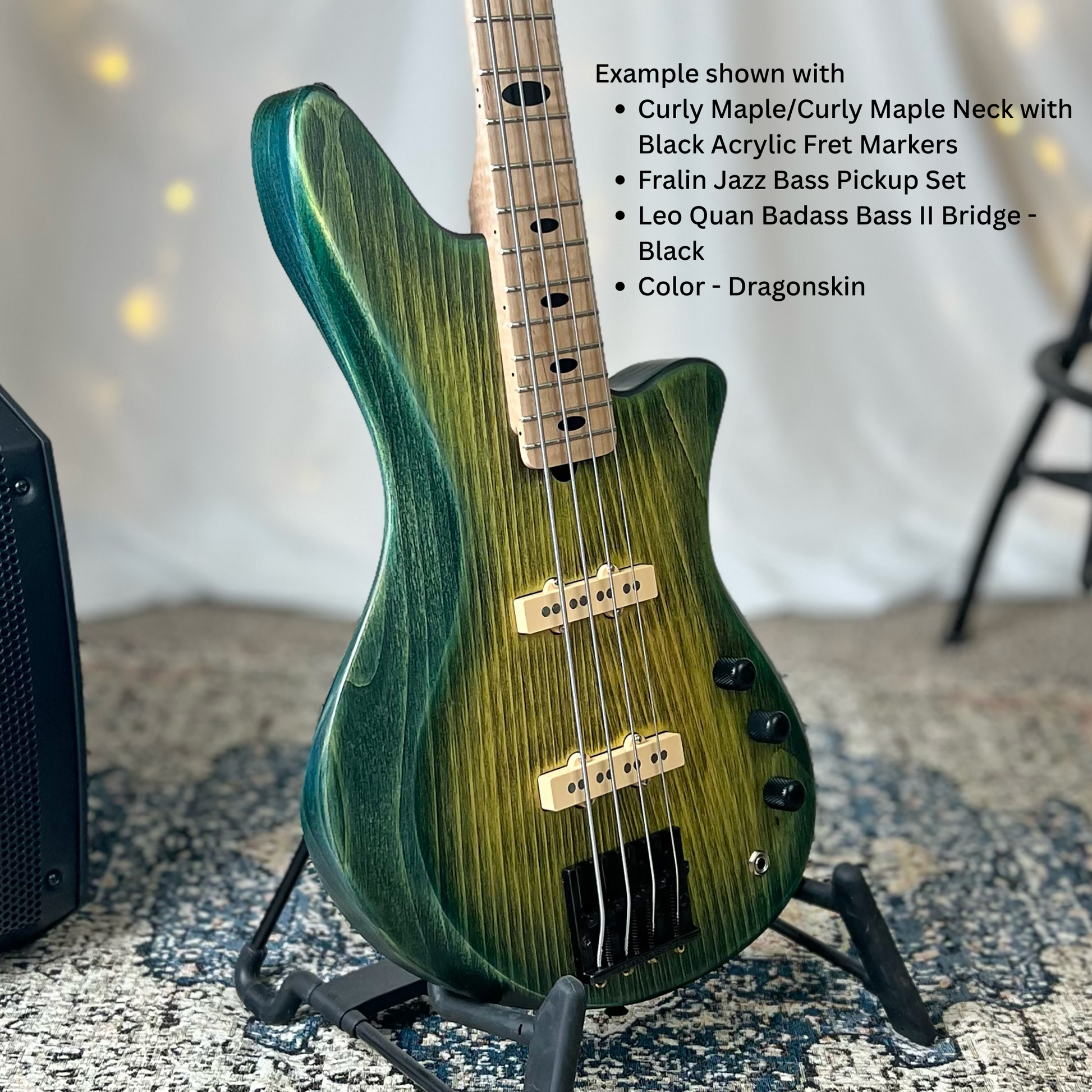 Example of Jacqueline J2-32 75 with Curly MapleCurly Maple Neck with Black Acrylic Fret Markers Fralin Jazz Bass Pickup Set Leo Quan Badass Bass II Bridge - Black Color - Dragonskin
