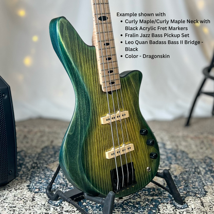Example of Jacqueline J2-32 75 with Curly MapleCurly Maple Neck with Black Acrylic Fret Markers Fralin Jazz Bass Pickup Set Leo Quan Badass Bass II Bridge - Black Color - Dragonskin