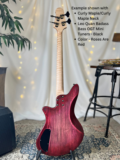 Example of Jacqueline J2-32 Back Full with Curly Maple/Curly Maple Neck Leo Quan Badass Bass OGT Mini Keys Black Color Roses Are Red