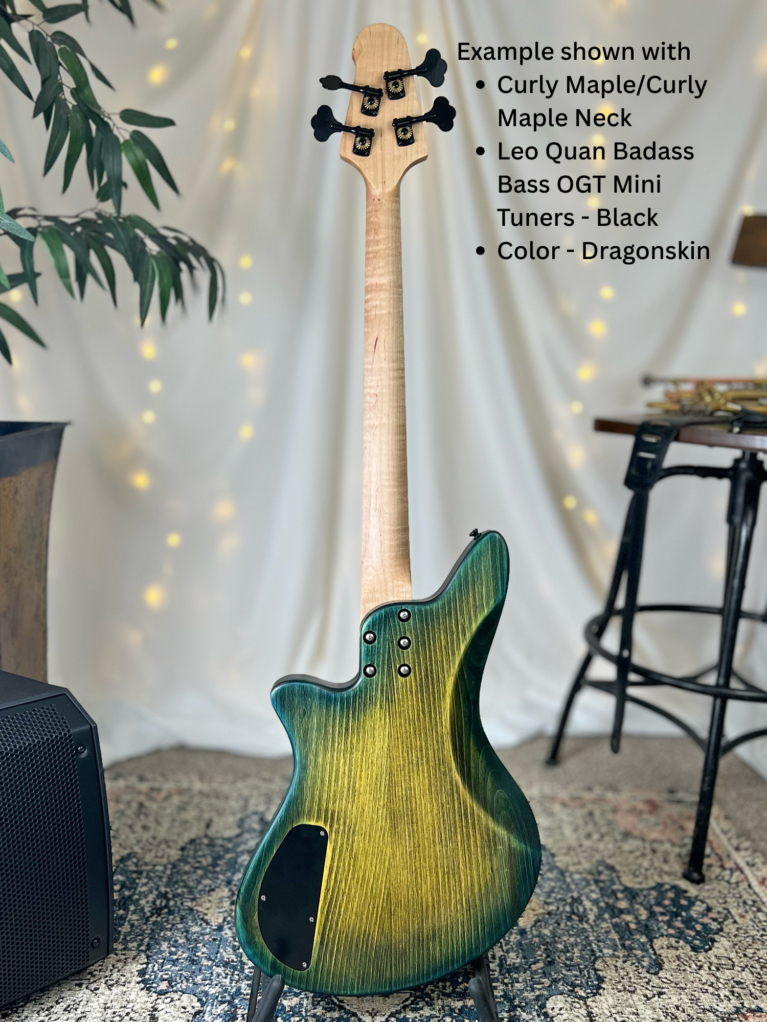 Example of Jacqueline J2-32 Back Full with Curly Maple/Curly Maple Neck Leo Quan Badass OGT Mini Tuners Black Color Dragonskin