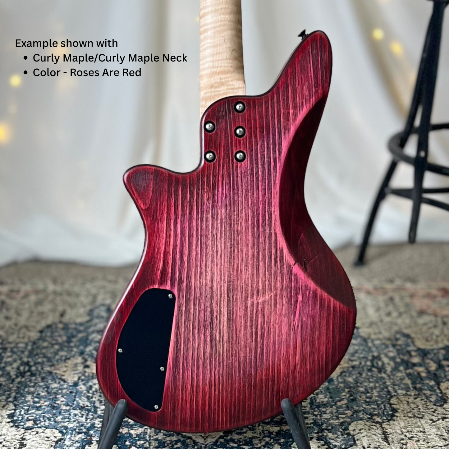 Example of Jacqueline J2-32 Back Square with Curly Maple/Curly Maple Neck  and Roses Are Red Finish