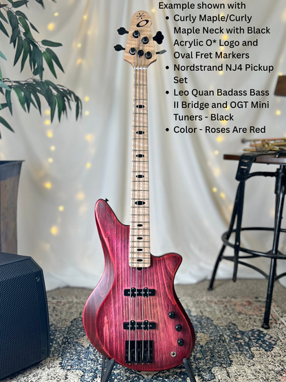 Example of Jacqueline J2-32 Front Full with Curly MapleCurly Maple Neck with Black Acrylic O Logo and Oval Fret Markers Nordstrand NJ4 Pickup Set Leo Quan Badass Bass II Bridge and OGT Mini Keys Nickel Color Roses Are Red