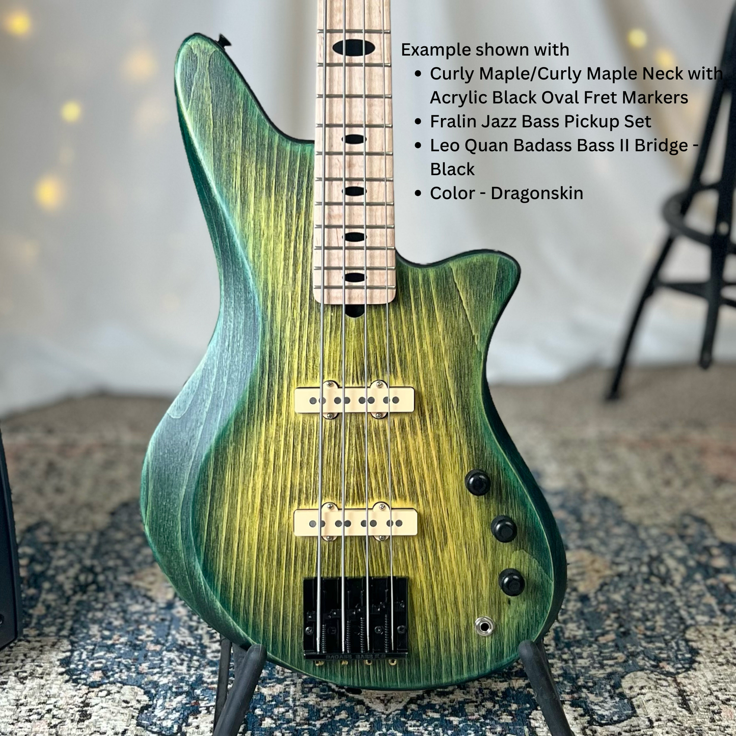 Example of Jacqueline J2-32 Front Square with Curly MapleCurly Maple Neck with Acrylic Black Oval Fret Markers Fralin Jazz Bass Pickup Set Leo Quan Badass Bass II Bridge - Black Color Dragonskin