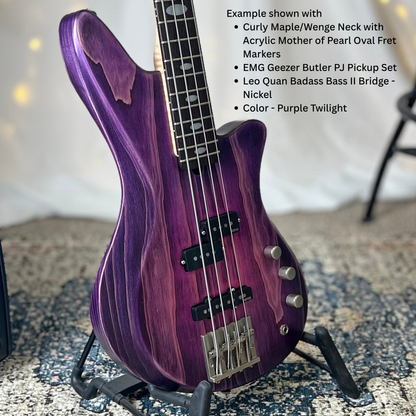 Example of Jacqueline RPJ-32 75 with Curly MapleWenge Neck with Acrylic Mother of Pearl Oval Fret Markers EMG Geezer Butler PJ Pickup Set Leo Quan Badass Bass II Bridge Nickel Color Purple Twilight