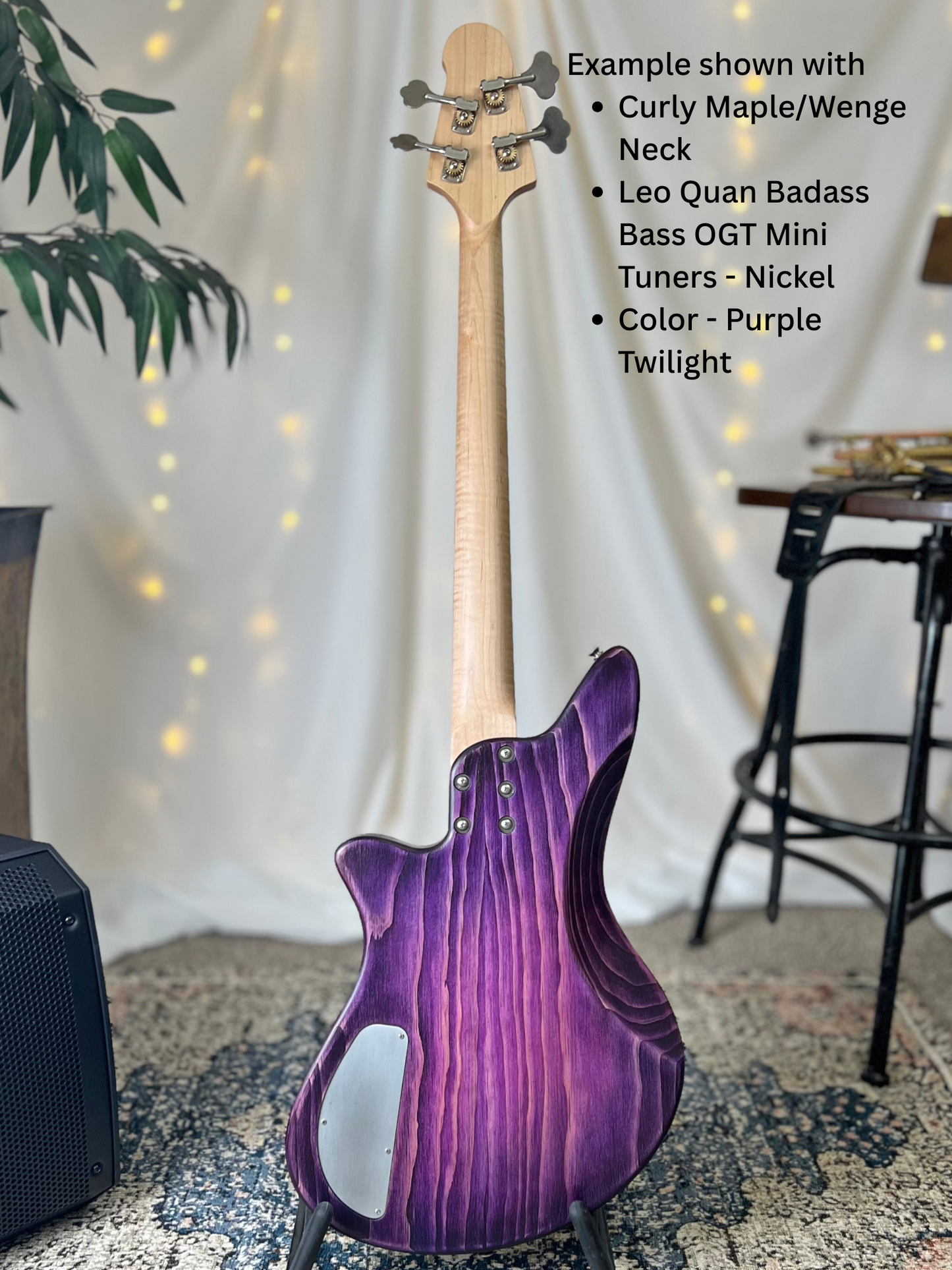 Example of Jacqueline RPJ-32 Back Full with Curly Maple/Wenge Neck Leo Quan Badass Bass OGT Mini Keys Nickel and Purple Twilight Finish