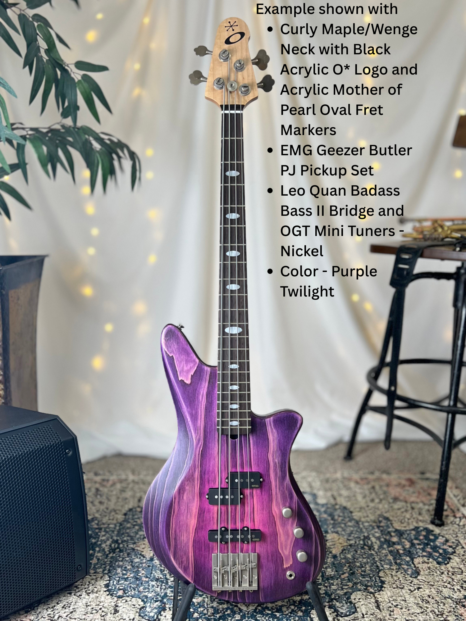 Example of Jacqueline RPJ-32 Front Full Example shown with Curly Maple/Wenge Neck with Black Acrylic O* Logo and Acrylic Mother of Pearl Oval Fret Markers EMG Geezer Butler PJ Pickup Set Leo Quan Badass Bass II Bridge and OGT Mini Tuners - Nickel  Color -Purple Twilight