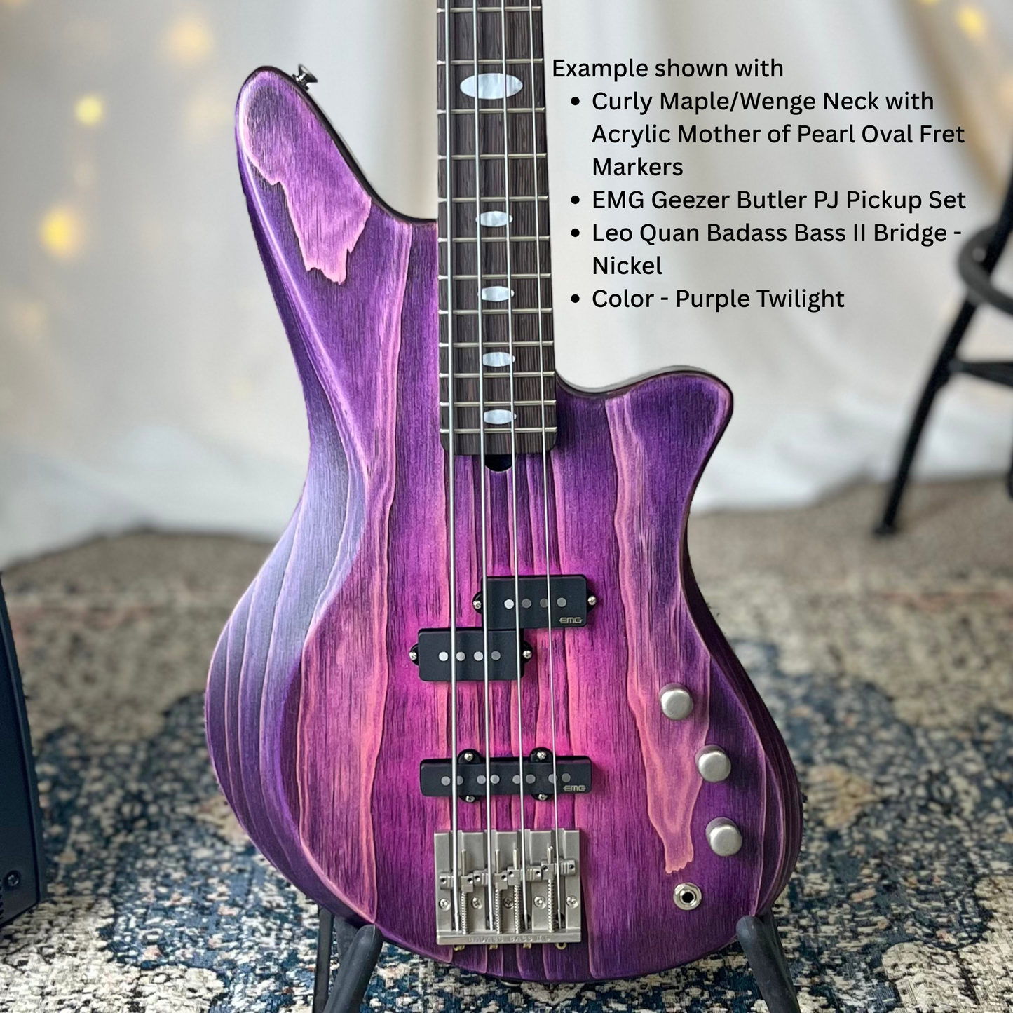 Example of Jacqueline RPJ-32 Front Square Example shown with Curly MapleWenge Neck with Acrylic Mother of Pearl Oval Fret Markers EMG Geezer Butler PJ Pickup Set Leo Quan Badass Bass II Bridge Nickel Color Purple Twilight