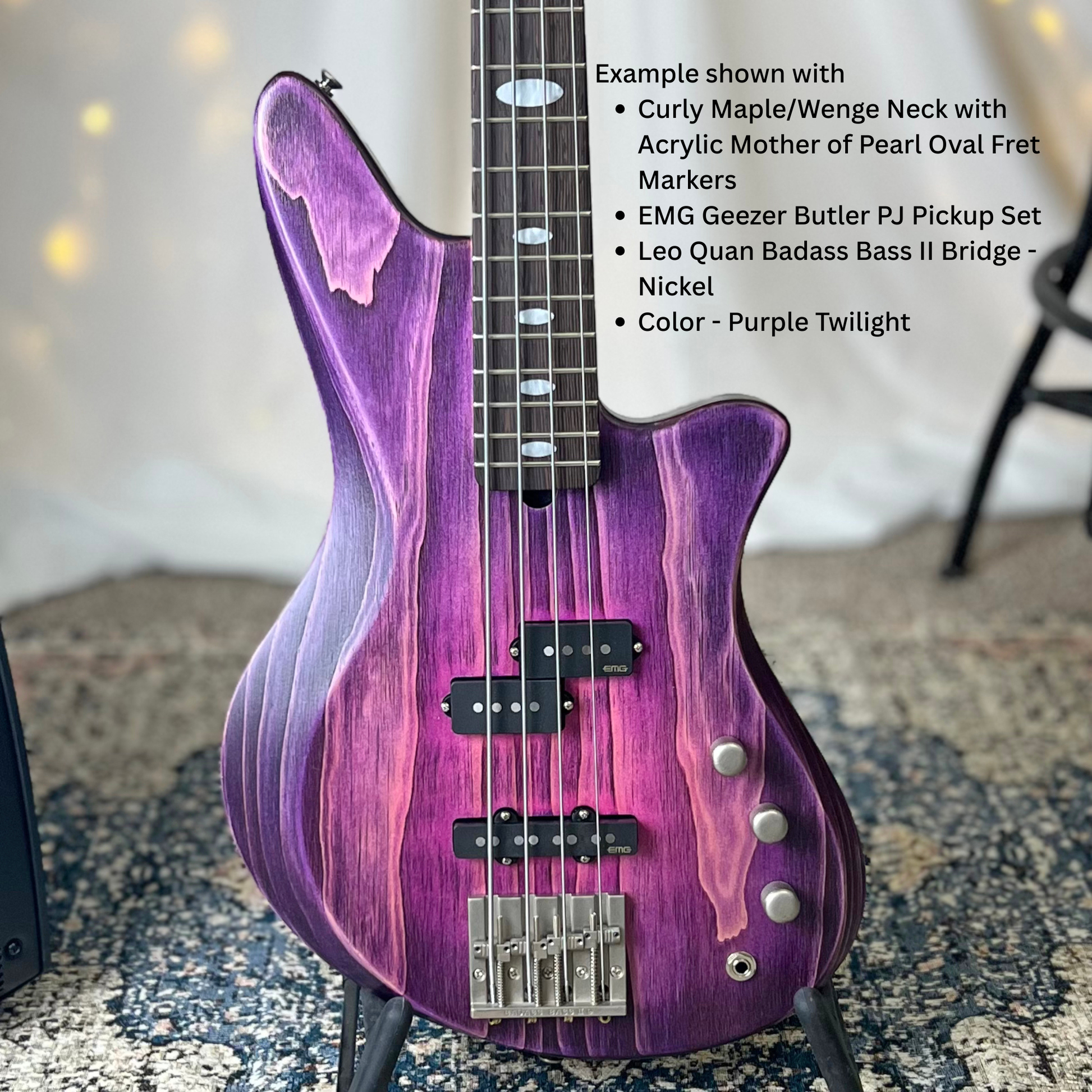 Example of Jacqueline RPJ-32 Front Square Example shown with Curly MapleWenge Neck with Acrylic Mother of Pearl Oval Fret Markers EMG Geezer Butler PJ Pickup Set Leo Quan Badass Bass II Bridge Nickel Color Purple Twilight