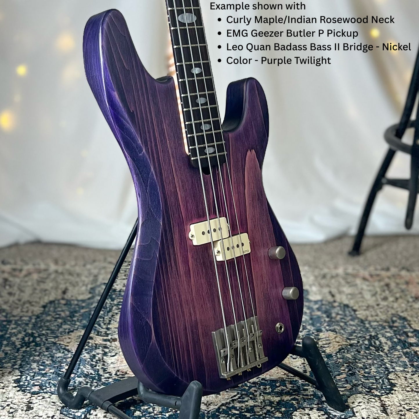 Example of Pamela P-32 75 with Curly Maple Indian Rosewood Neck EMG Geezer Butler P Pickup Leo Quan Badass Bass II Bridge Nickel Purple Twilight Finish