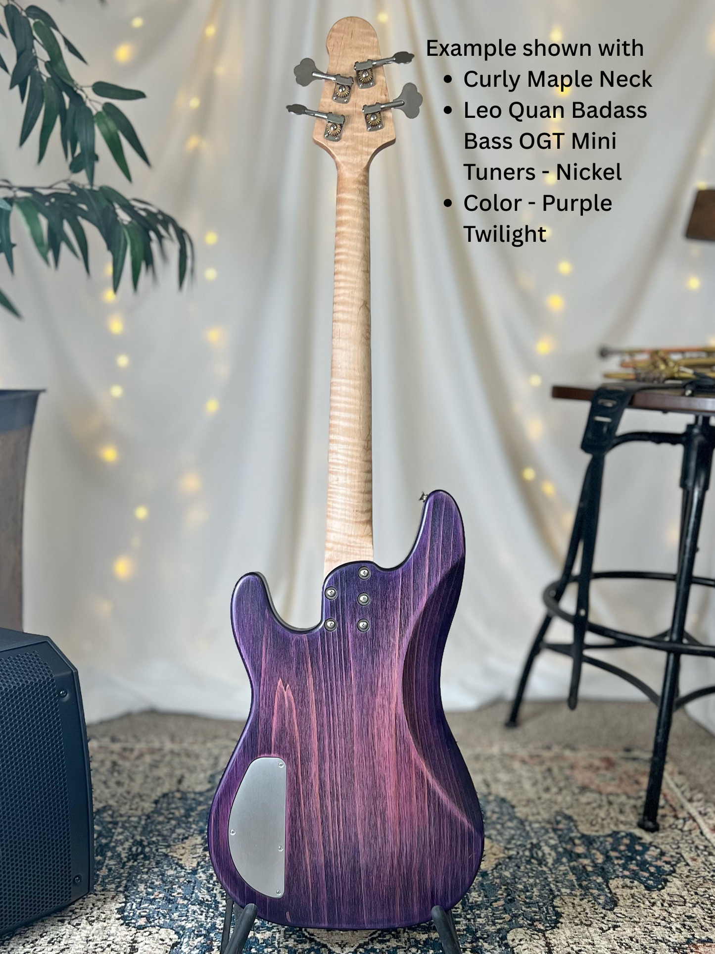 Example of Pamela P-32 Back Full with Curly Maple Neck Leo Quan Badass Bass OGT Mini Keys Nickel and Purple Twilight Finish