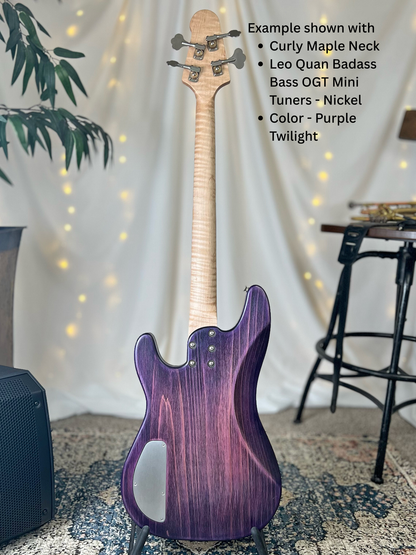 Example of Pamela P-32 Back Full with Curly Maple Neck Leo Quan Badass Bass OGT Mini Keys Nickel and Purple Twilight Finish