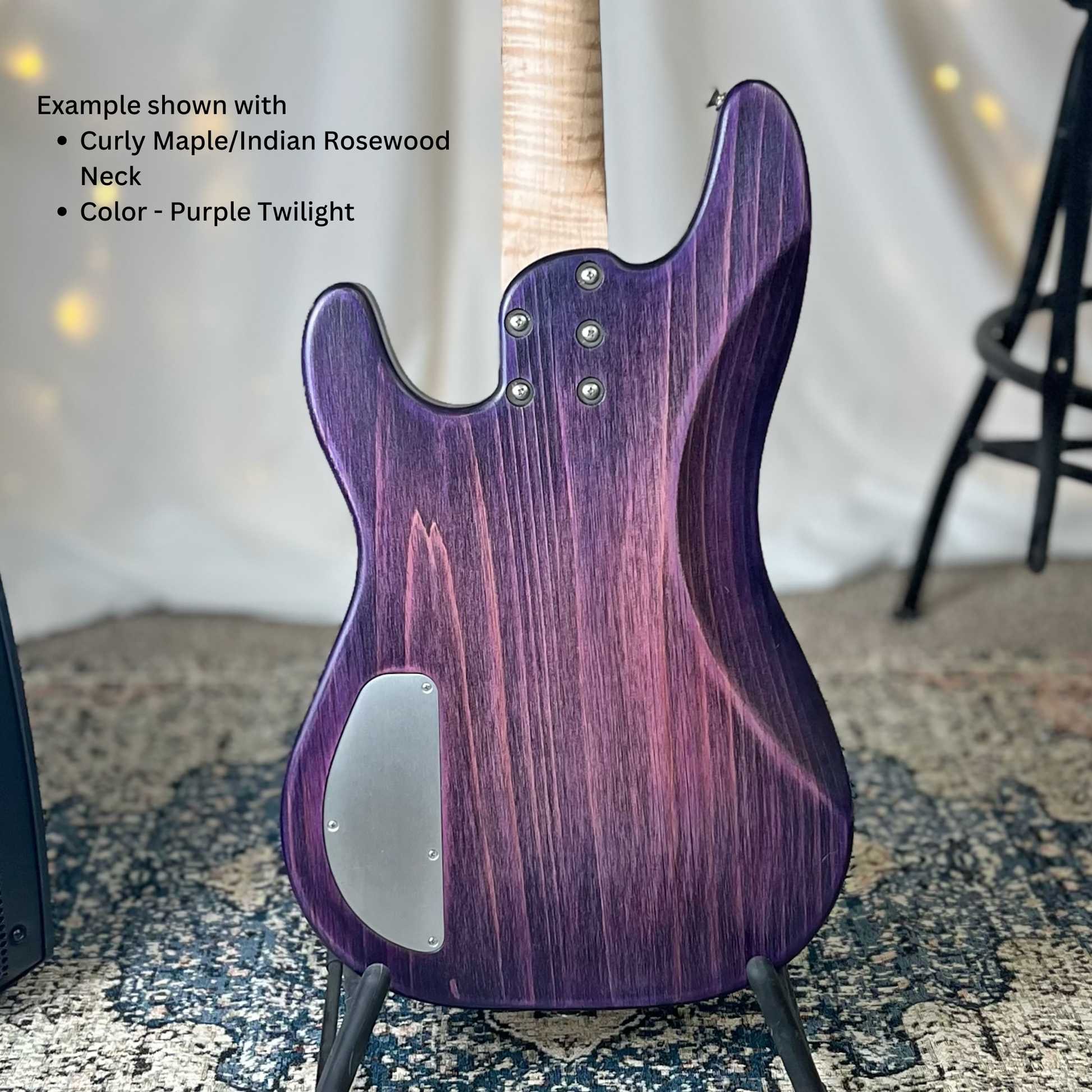 Example of Pamela P-32 Back Square with Curly Maple Indian Rosewood Neck and Purple Twilight Finish