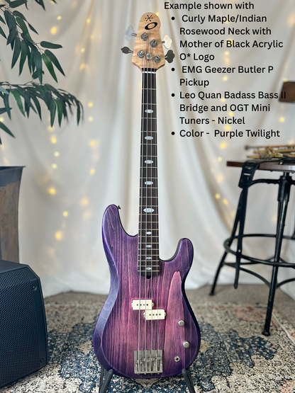 Example of Pamela P-32 Front Full with Curly Maple Indian Rosewood Neck with Black Acrylic O Logo EMG Geezer Butler P Pickup Leo Quan Badass Bass II Bridge OGT Mini Keys Nickel and Purple Twilight Finish