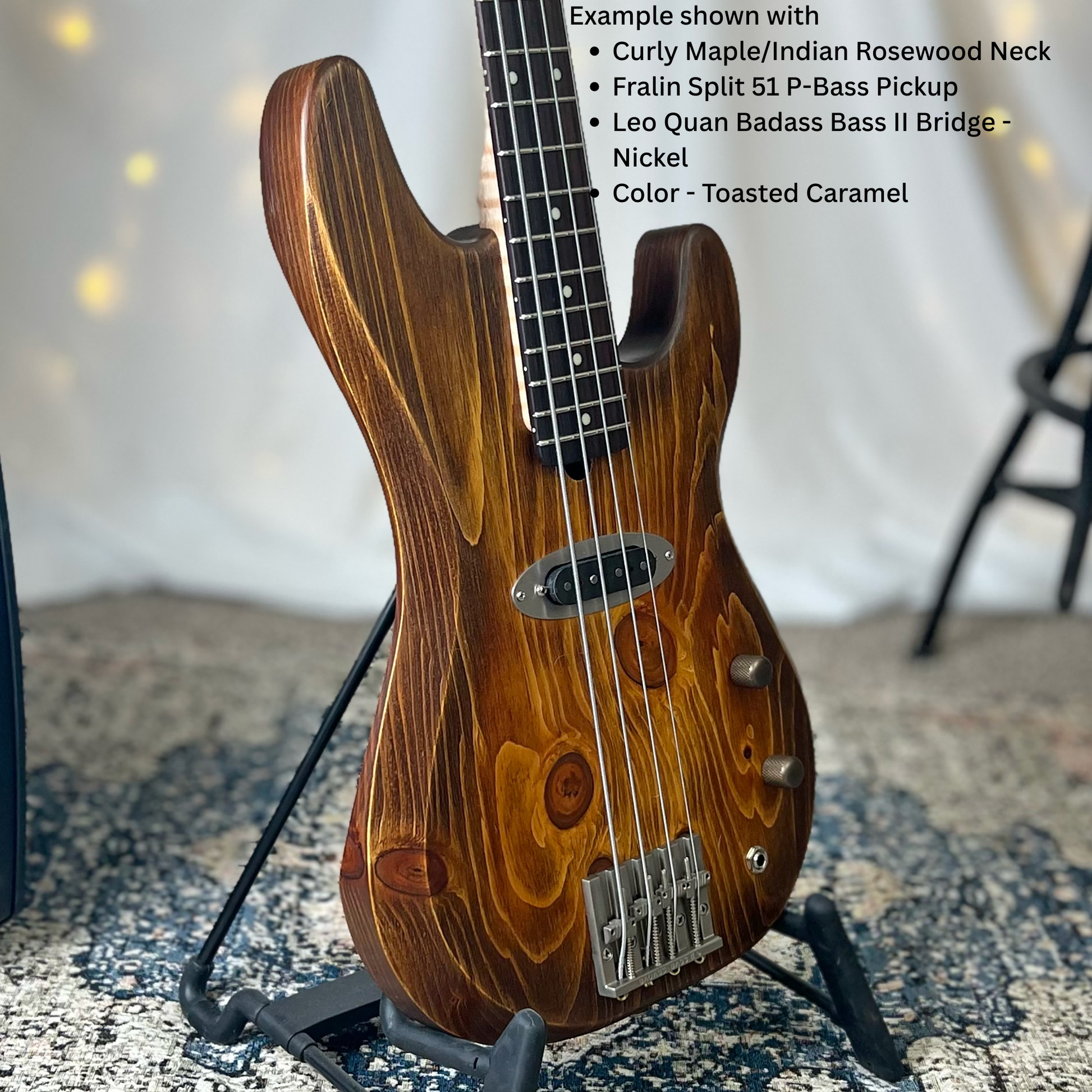 Example of Pamela S-32 75 with Curly Maple Indian Rosewood Neck Fralin 51 PBass Pickup Leo Quan Badass Bass II Bridge Nickel Toasted Caramel Finish