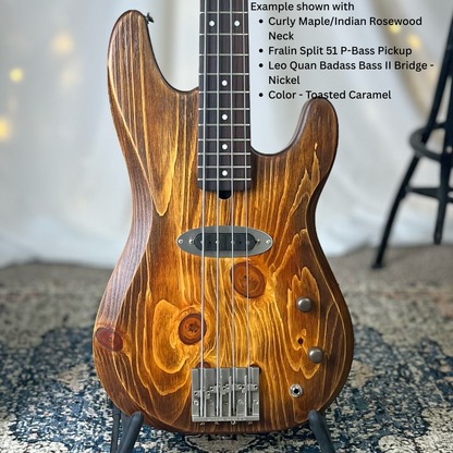 Example of Pamela S-32 Front Square with Curly Maple Indian Rosewood Neck Fralin Split 51 Bass Pickup Leo Quan Badass Bass II Bridge Nickel and Toasted Caramel Finish
