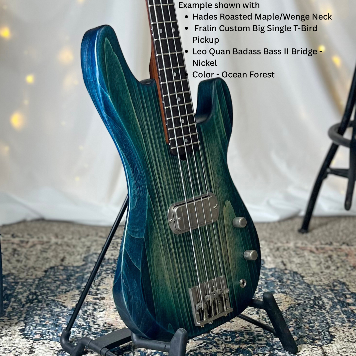 Example of Pamela TB-32 75 with Hades Roasted Maple Wenge Neck Fralin Custom Big Single T-Bird Pickup Leo Quan Badass Bass II Bridge Nickel and Color Ocean Forest