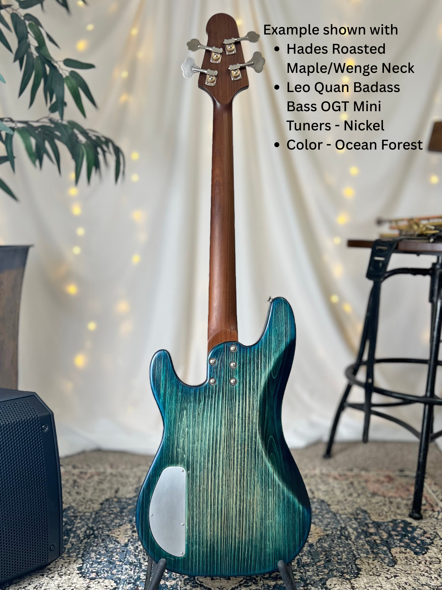 Example of Pamela TB-32 Back Full with Hades Roasted Maple Neck Leo Quan Badass Bass OGT Mini Keys Nickel Color Ocean Forest